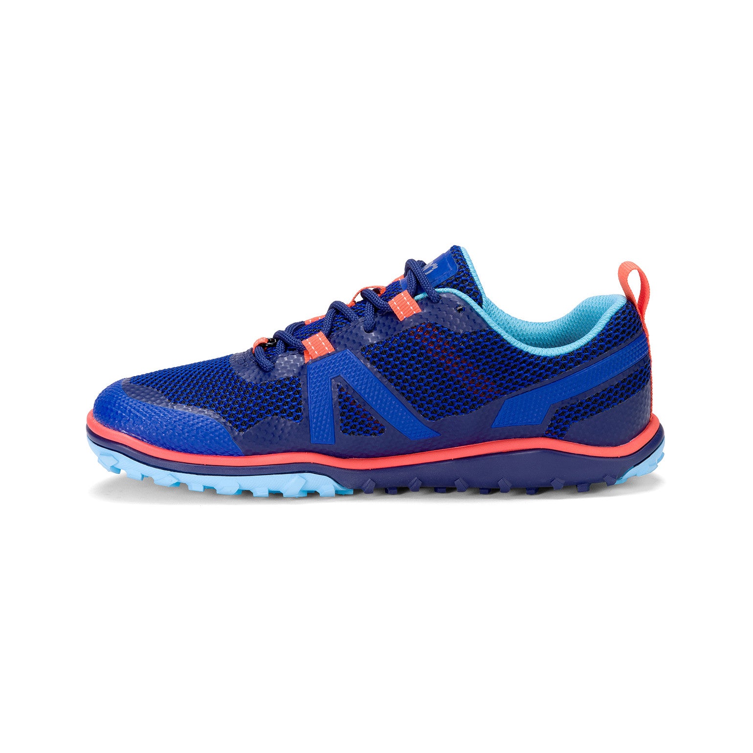 Linke Ansicht der Xero Shoes Scrambler Low Barfußschuhe in Sodalite Blue Orange für Damen als Wanderschuhe im Onlineshop für Barfußschuhe