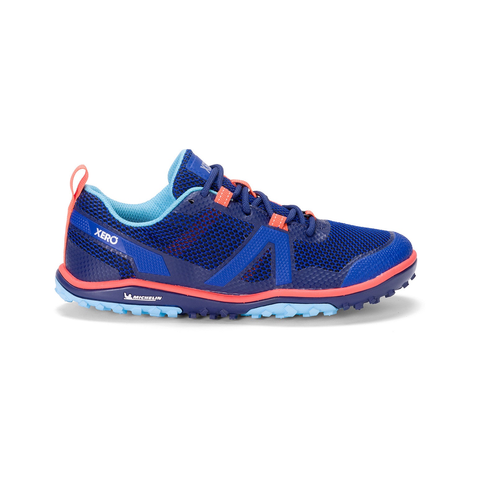 Rechte Ansicht der Xero Shoes Scrambler Low Barfußschuhe in Sodalite Blue Orange für Damen als Wanderschuhe im Onlineshop für Barfußschuhe