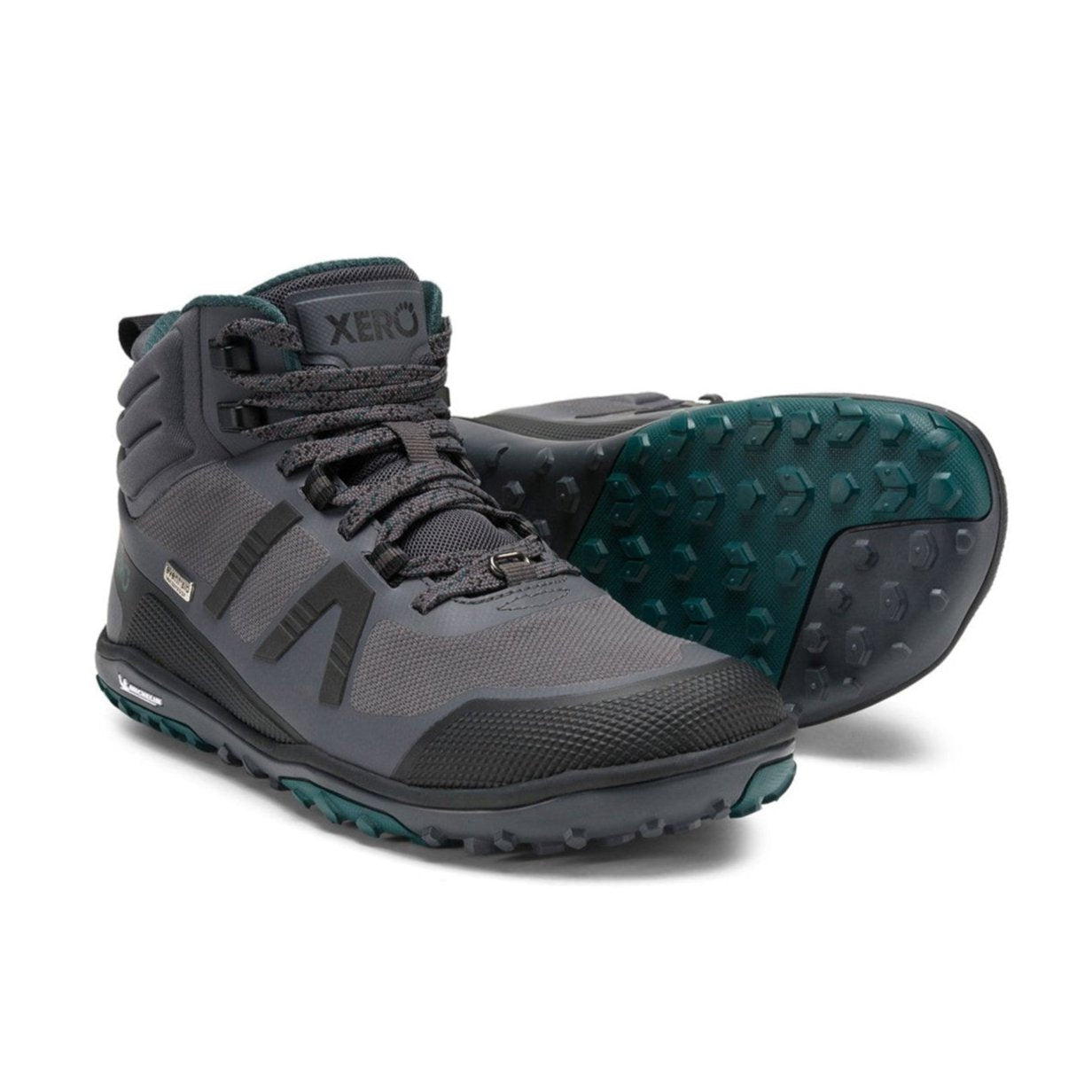 Xero Shoes Scrambler Mid II WP Barfußschuhe, wasserdichte Wanderschuhe für Damen in Asphalt Sea Moss im Onlineshop für Barfußschuhe