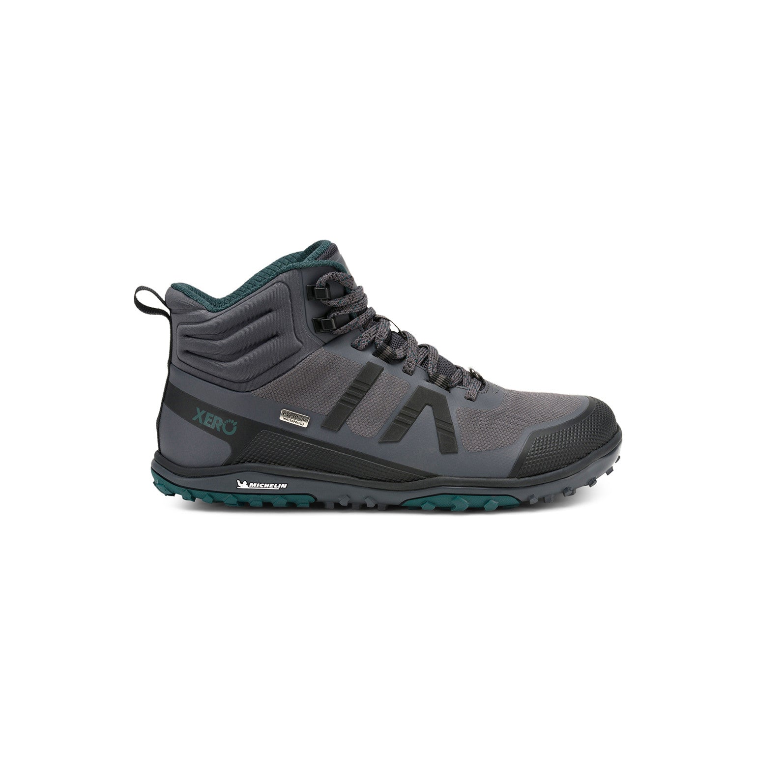 Xero Shoes Scrambler Mid II WP Barfußschuhe, wasserdichte Wanderschuhe für Damen, rechte Seitenansicht in Asphalt Sea Moss im Onlineshop für Barfußschuhe