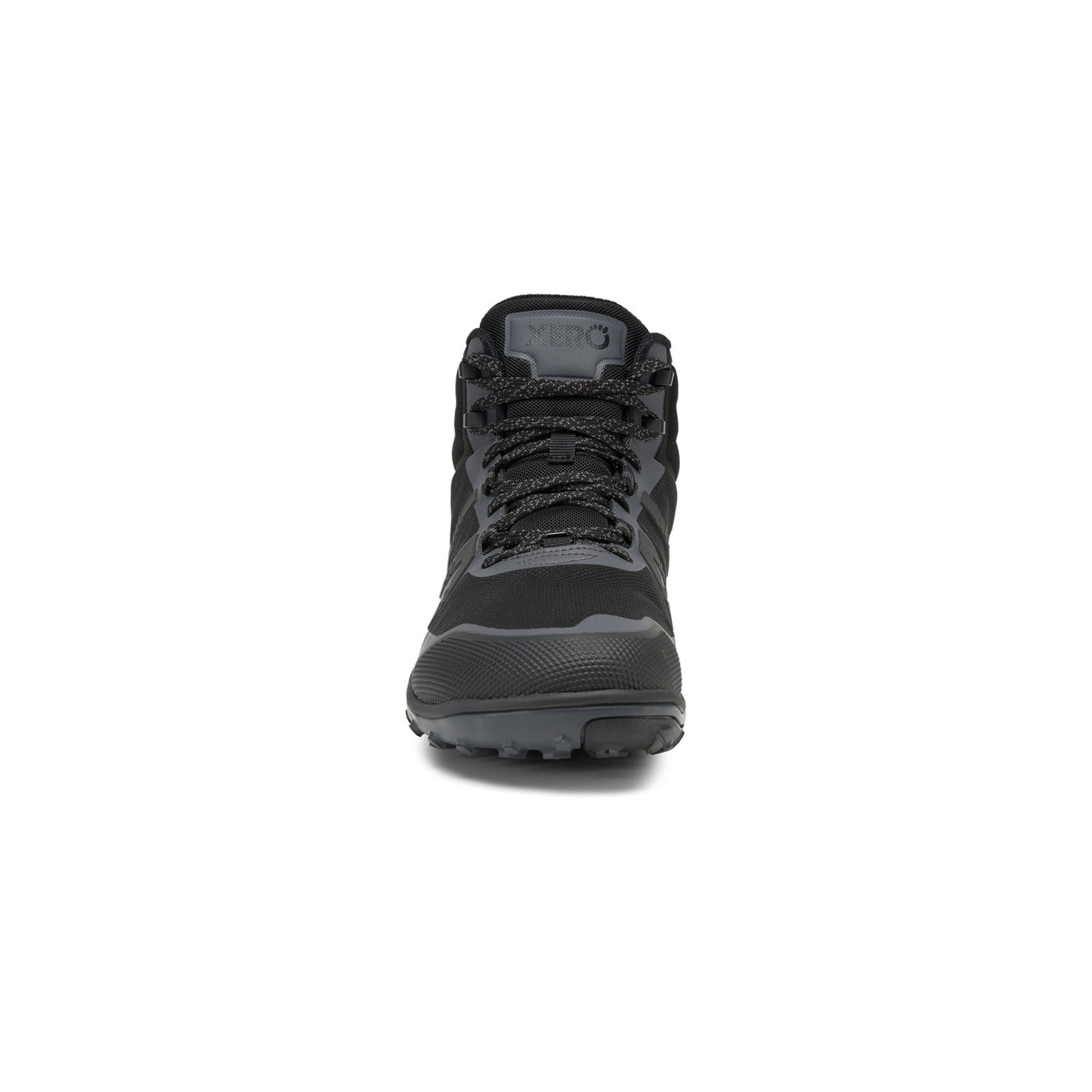 Xero Shoes Scrambler Mid II WP Barfußschuhe, wasserdichte Wanderschuhe für Herren, Vorderansicht in Schwarz im Onlineshop für Barfußschuhe