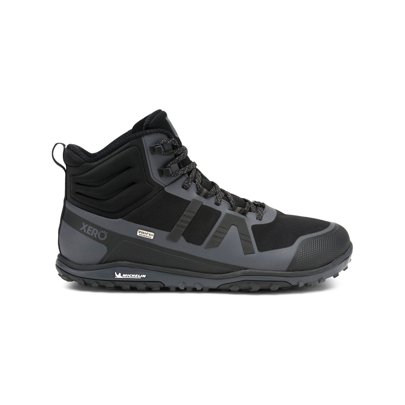 Xero Shoes Scrambler Mid II WP Barfußschuhe, wasserdichte Wanderschuhe für Herren, rechte Ansicht in Schwarz im Onlineshop für Barfußschuhe
