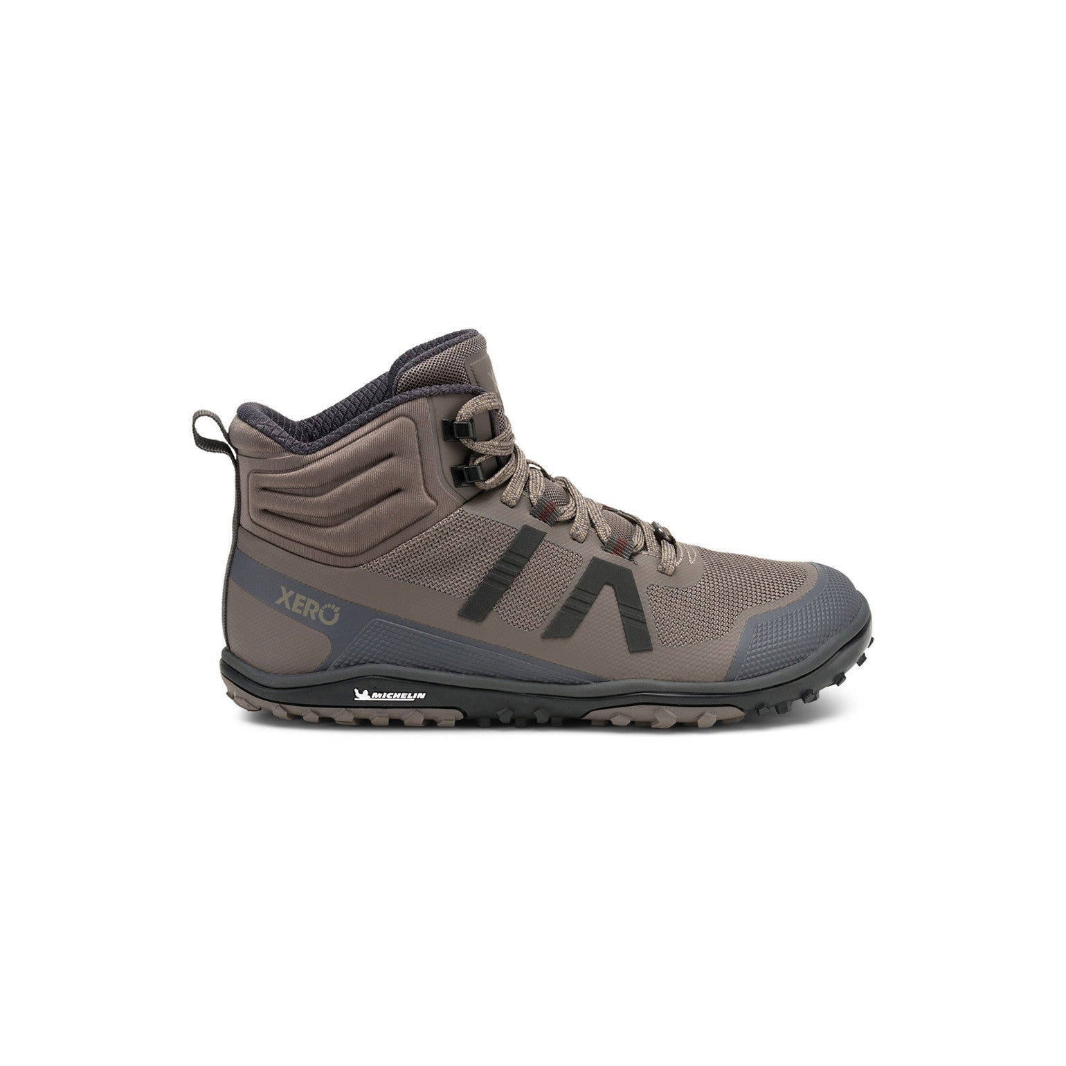 Rechte Seitenansicht der Xero Shoes Scrambler Mid II Damen Barfußschuhe in Morel als Wanderschuhe im Onlineshop für Barfußschuhe