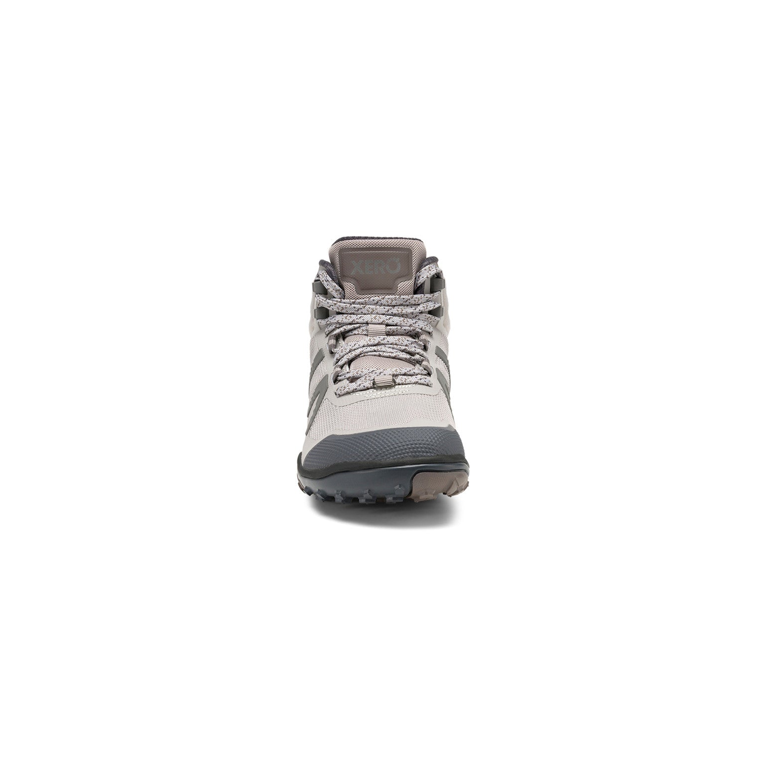 Frontansicht der Xero Shoes Scrambler Mid II Damen Barfußschuhe in Paloma als Wanderschuhe im Onlineshop für Barfußschuhe