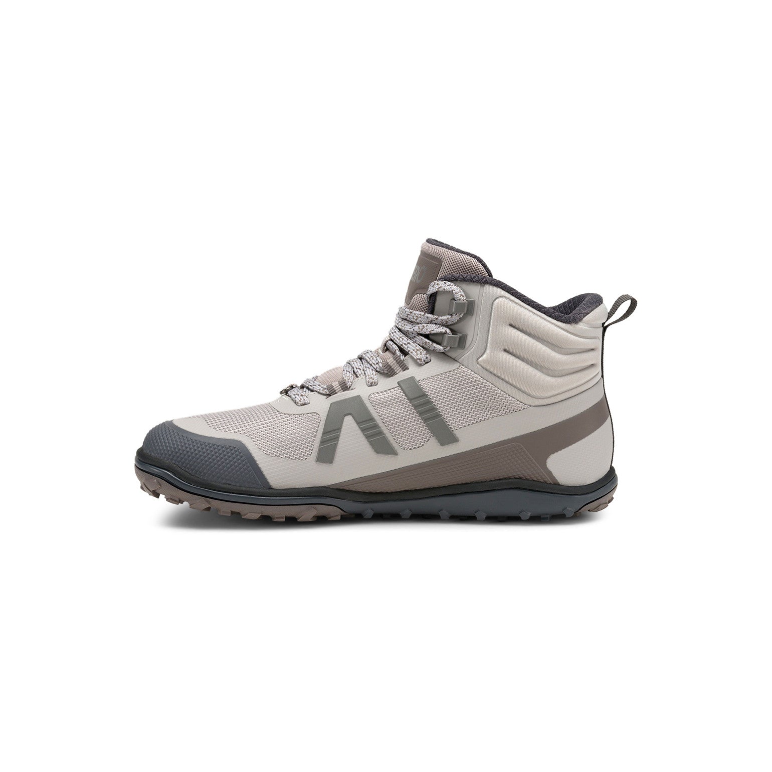 Linke Seitenansicht der Xero Shoes Scrambler Mid II Damen Barfußschuhe in Paloma als Wanderschuhe im Onlineshop für Barfußschuhe