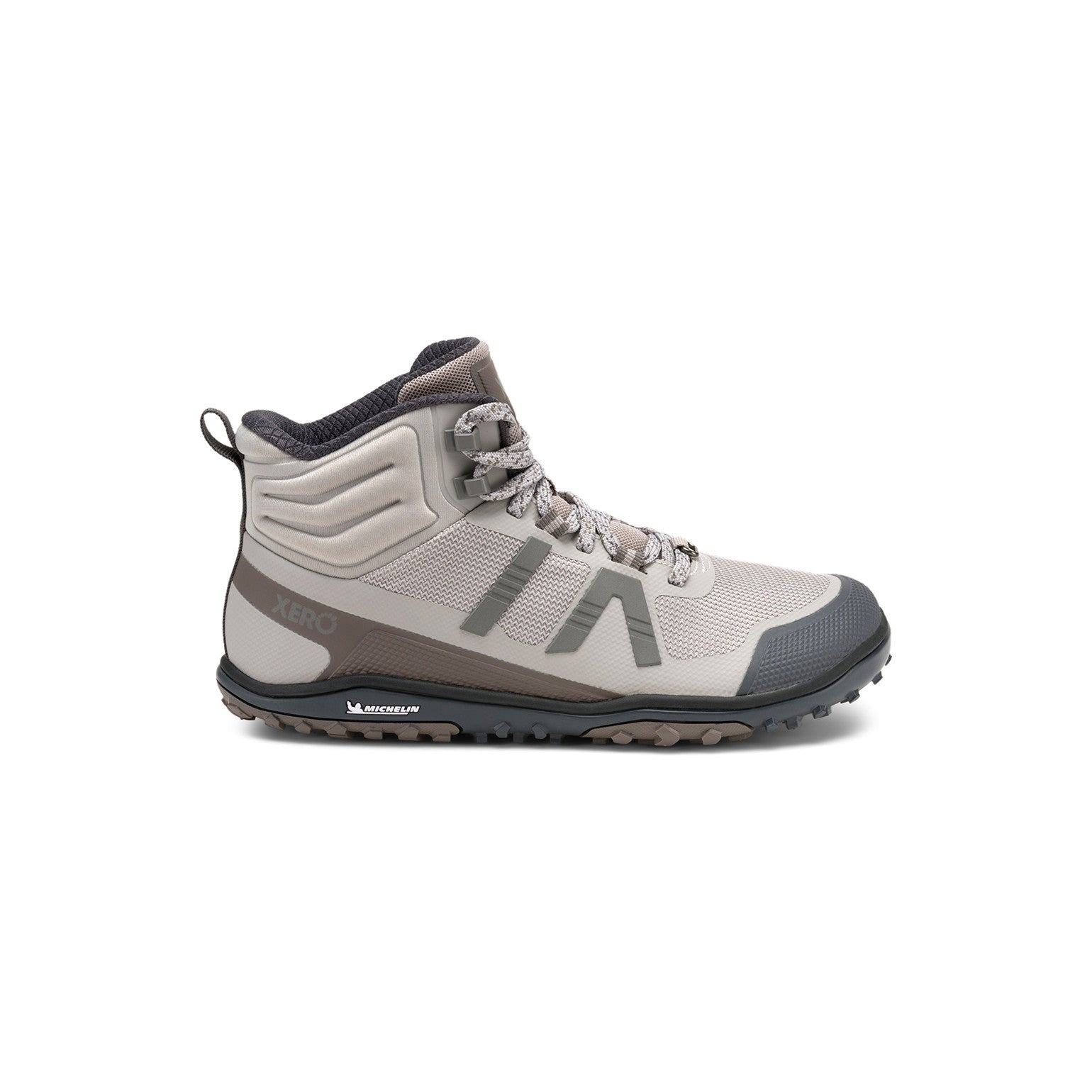 Rechte Seitenansicht der Xero Shoes Scrambler Mid II Damen Barfußschuhe in Paloma als Wanderschuhe im Onlineshop für Barfußschuhe