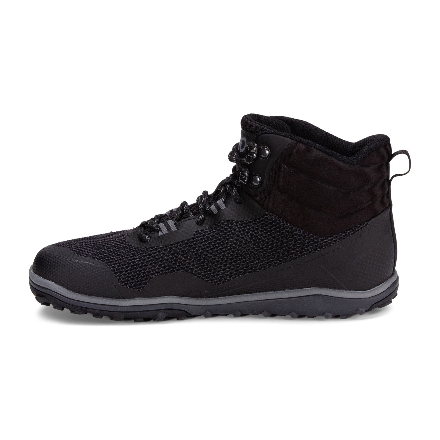 Xero Shoes Scrambler Mid Barfußschuhe, Wanderschuhe für Herren, linke Seitenansicht in Schwarz im Onlineshop für Barfußschuhe