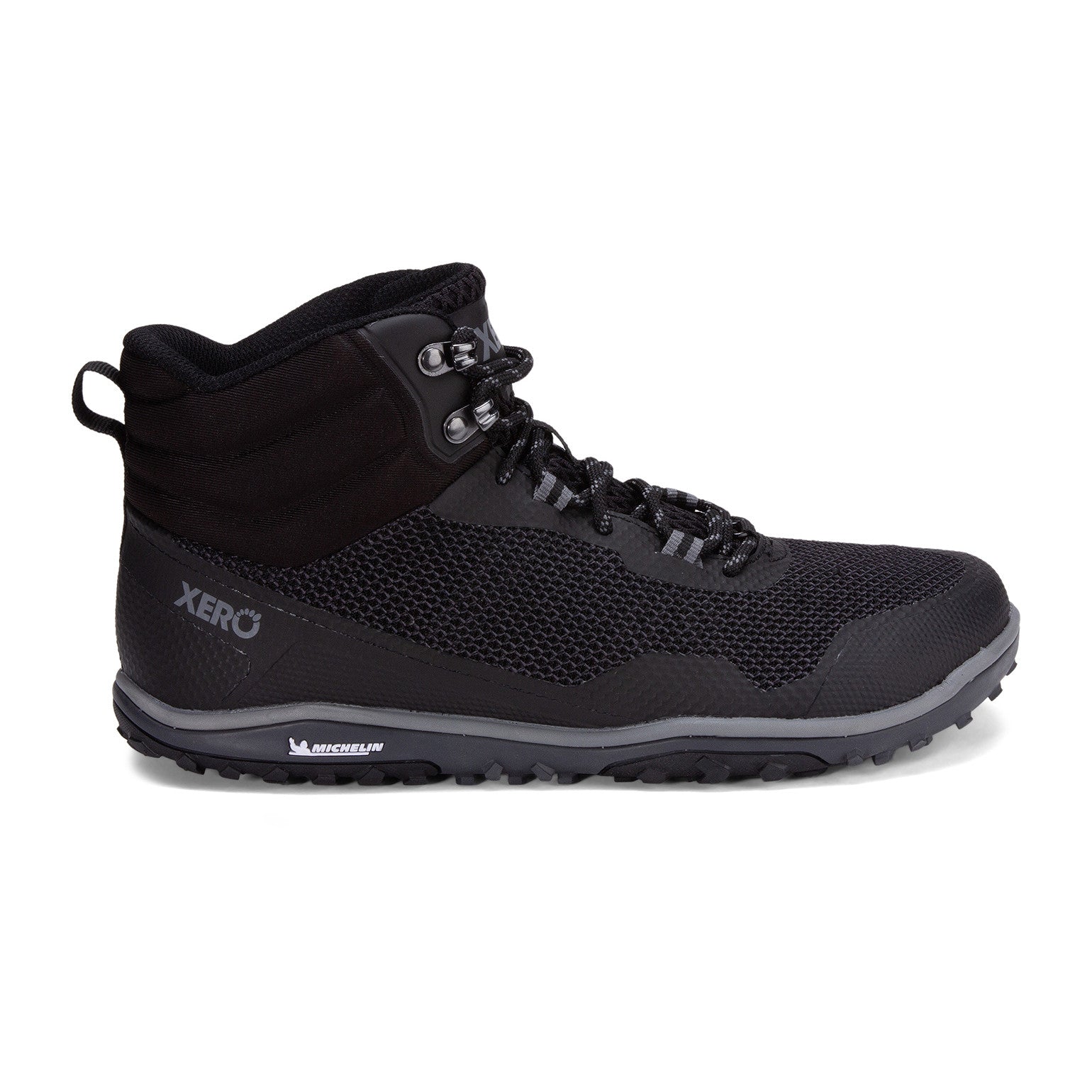 Xero Shoes Scrambler Mid Barfußschuhe, Wanderschuhe für Herren, rechte Seitenansicht in Schwarz im Onlineshop für Barfußschuhe