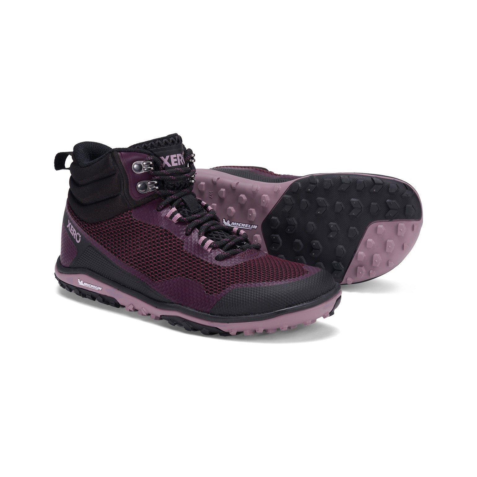 Barfußschuhe Xero Shoes Scrambler Mid in Lila-Schwarz für Damen als Wanderschuhe im Onlineshop für Barfußschuhe