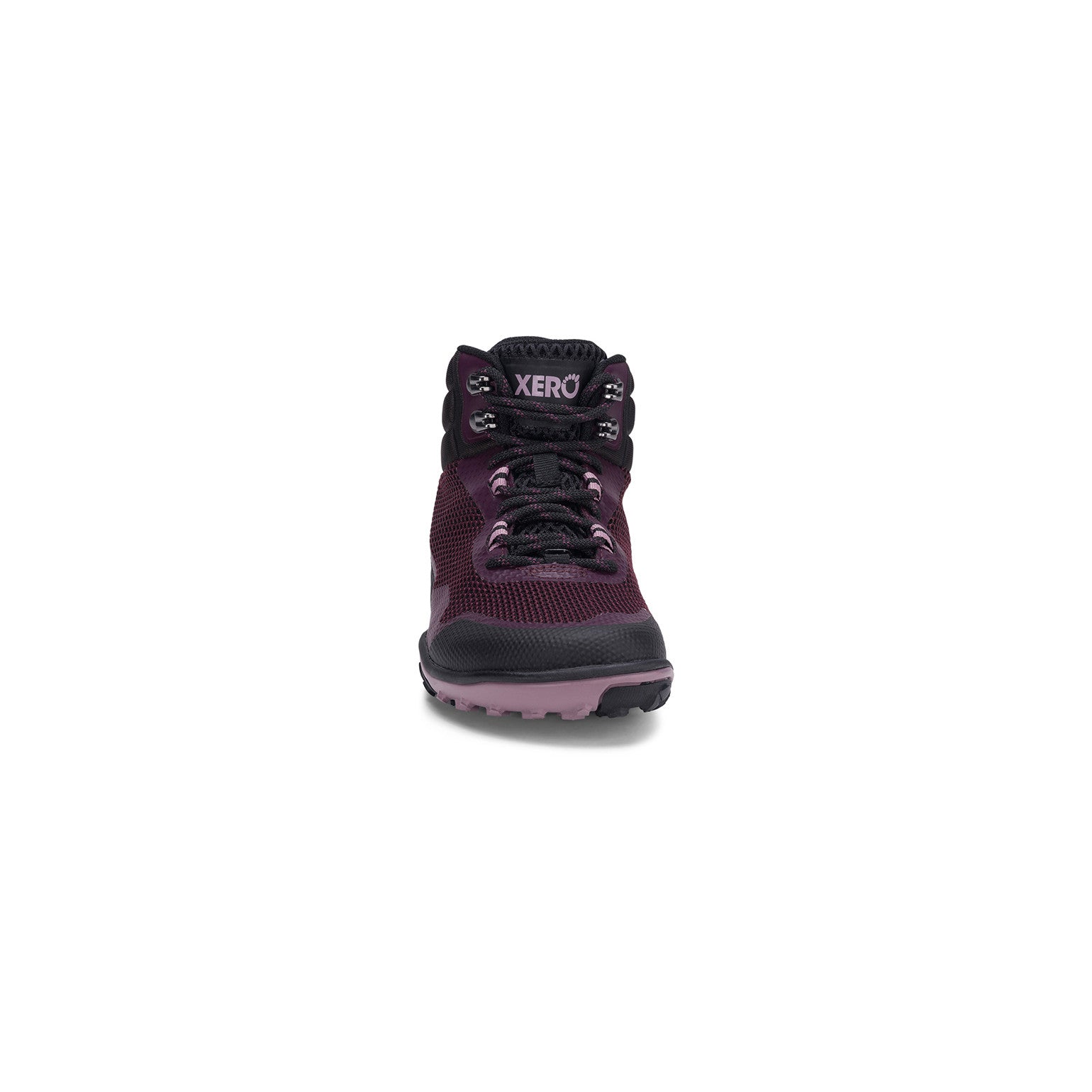 Xero Shoes Scrambler Mid Barfußschuhe, Wanderschuhe für Damen, Vorderansicht in Black Fig im Onlineshop für Barfußschuhe