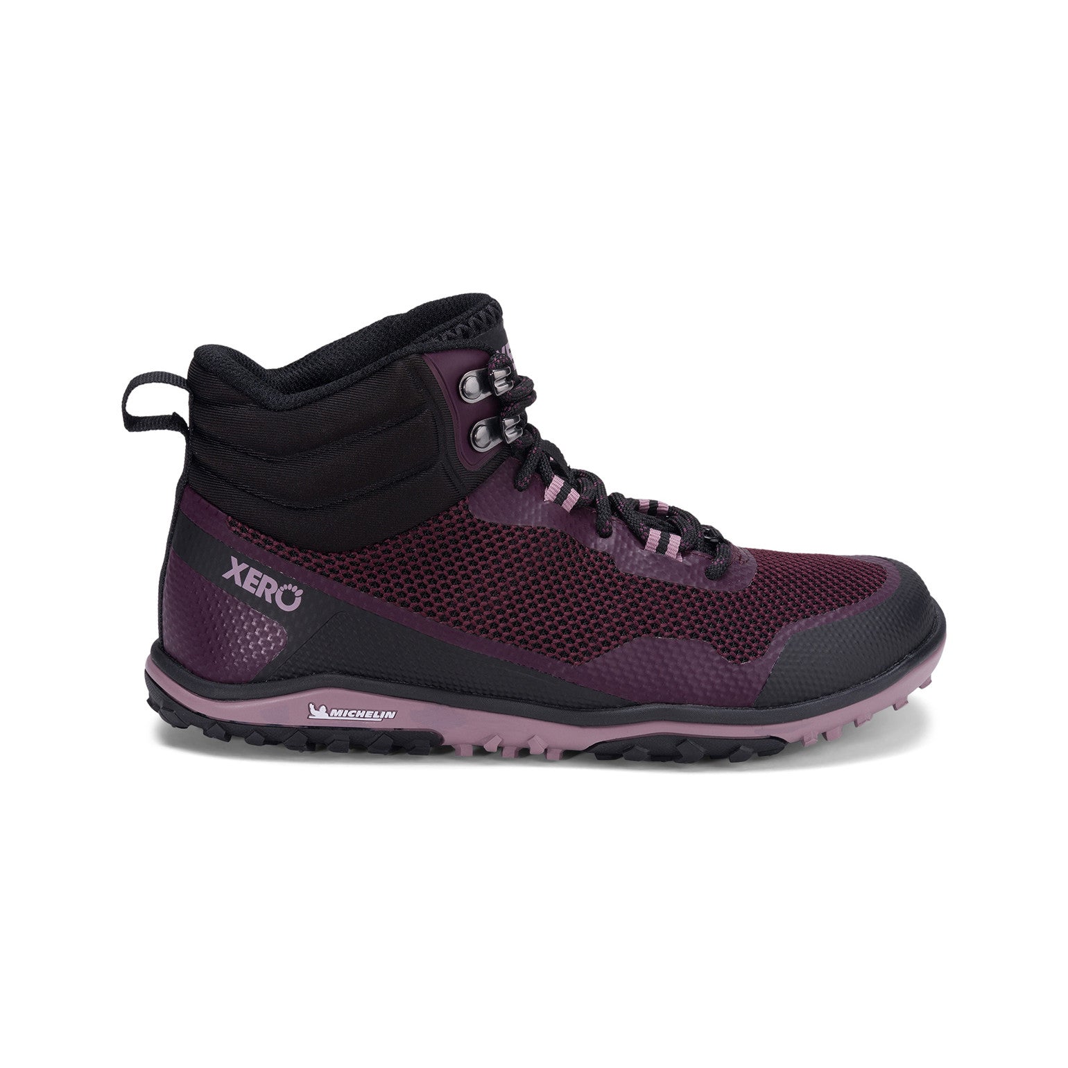 Xero Shoes Scrambler Mid Barfußschuhe, Wanderschuhe für Damen, rechte Seitenansicht in Black Fig im Onlineshop für Barfußschuhe