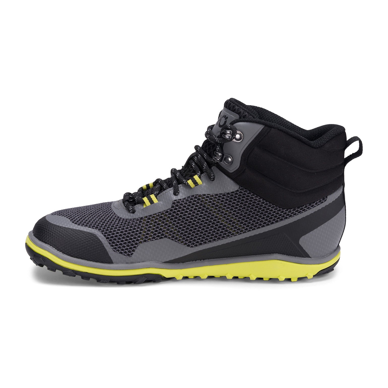 Xero Shoes Scrambler Mid Barfußschuhe, Wanderschuhe für Herren, linke Seitenansicht in Steel Gray Sulphur im Onlineshop für Barfußschuhe