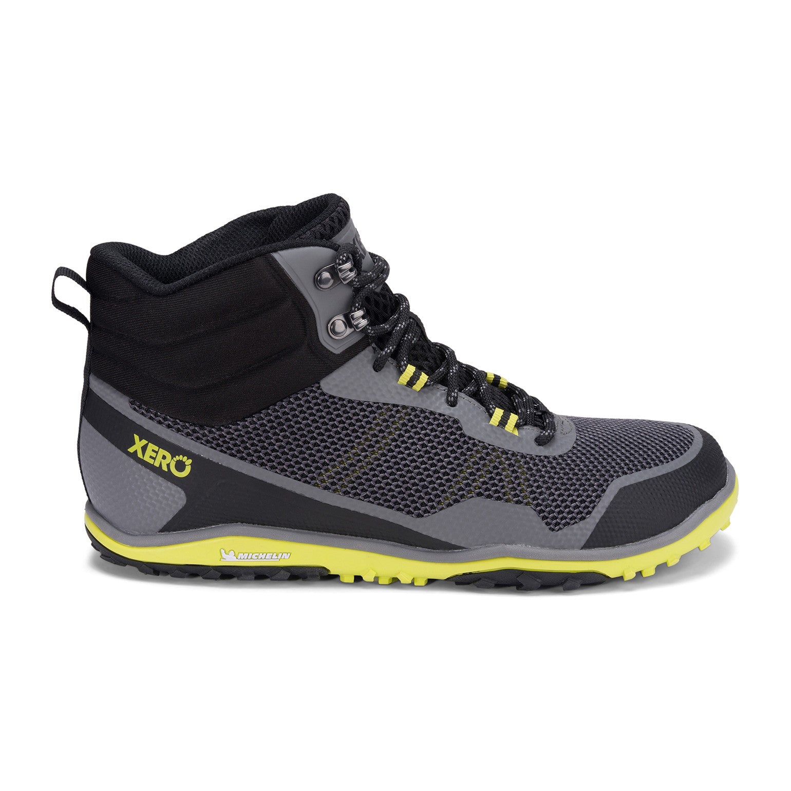 Xero Shoes Scrambler Mid Barfußschuhe, Wanderschuhe für Herren, rechte Seitenansicht in Steel Gray Sulphur im Onlineshop für Barfußschuhe