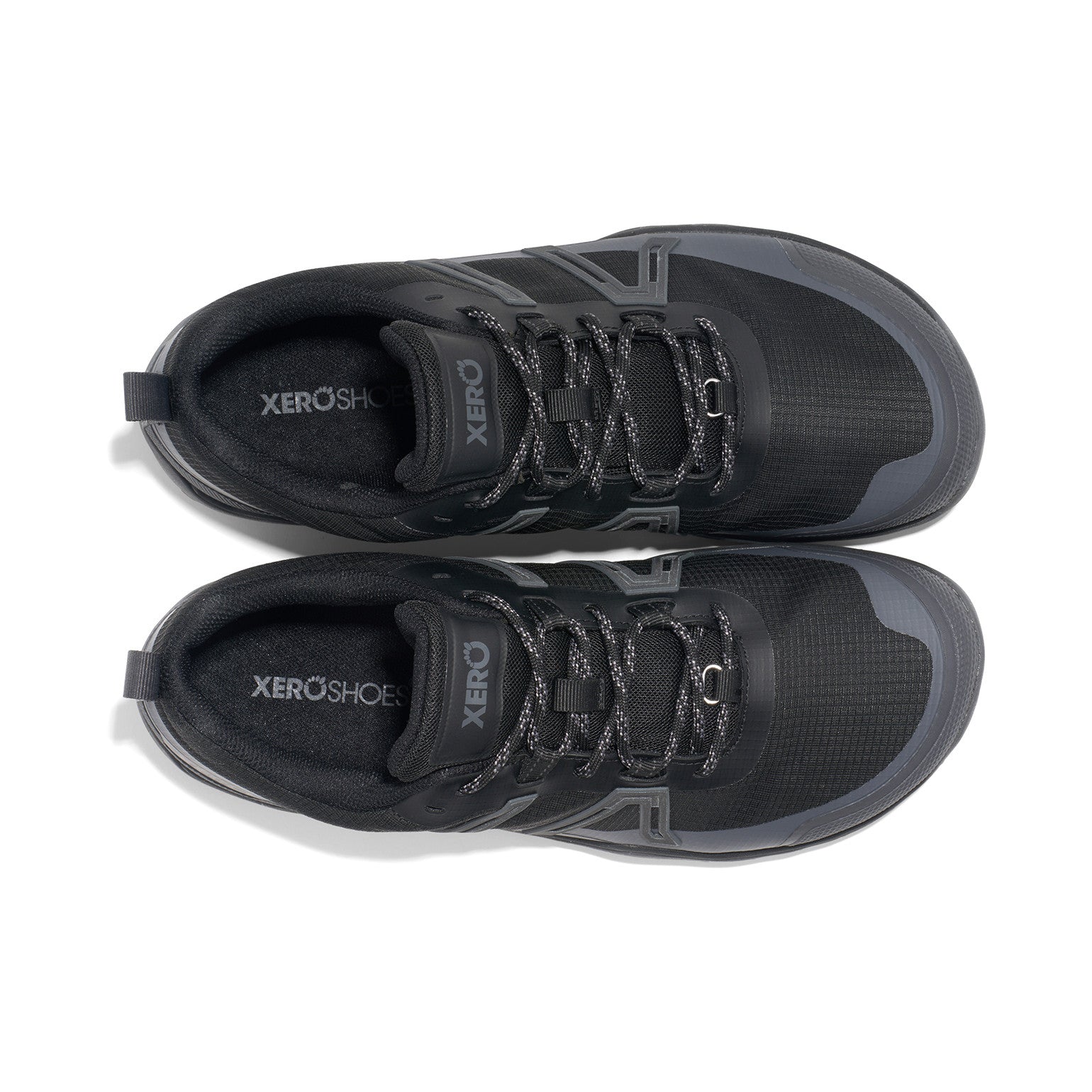 Xero Shoes Scrambler Trail Low WP Barfußschuhe für Herren, wasserdichte Wanderschuhe, schwarze Top-Ansicht im Onlineshop