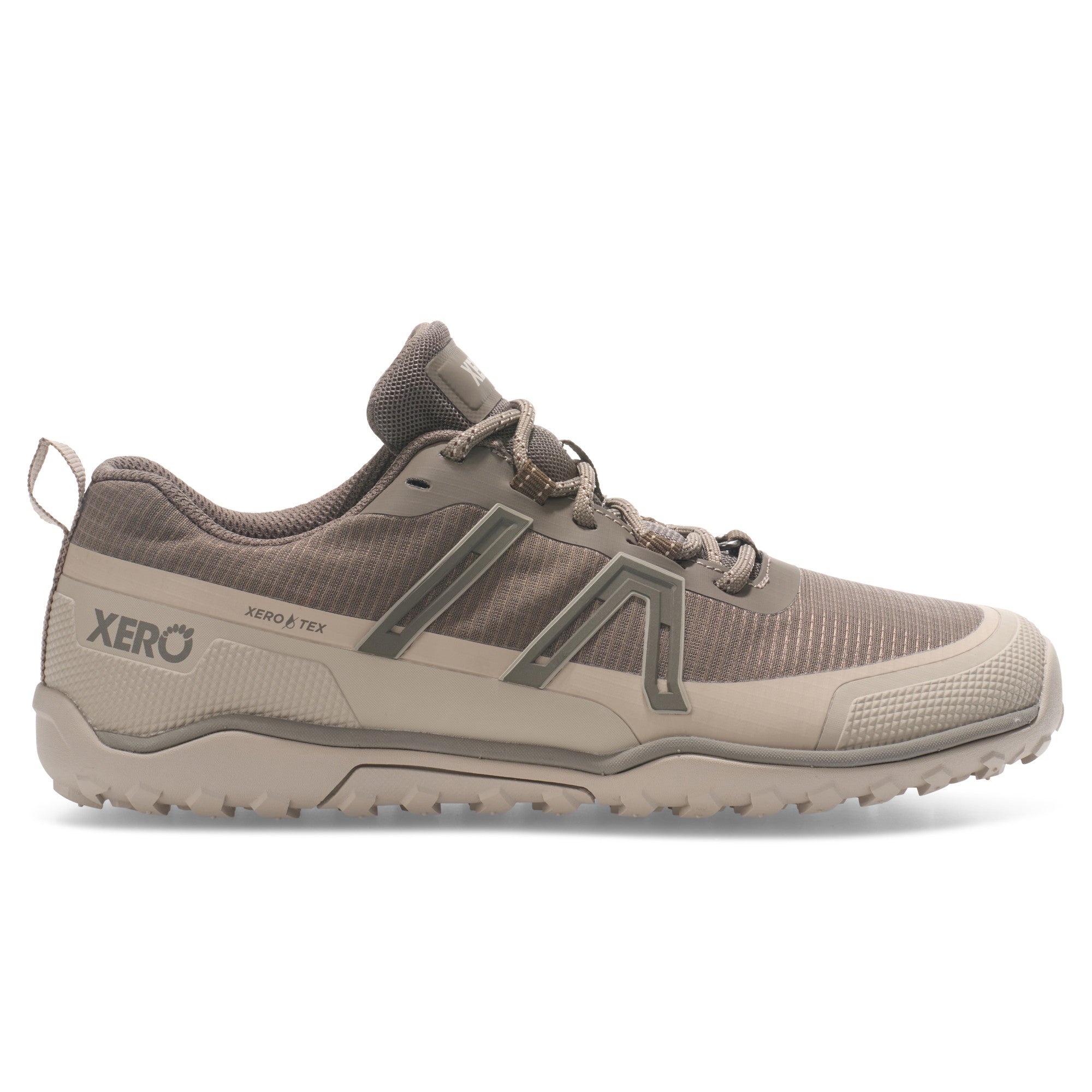 Rechte Seitenansicht der Xero Shoes Scrambler Trail Low WP Damen Barfußschuhe in morel pure cashmere – wasserdichter Wanderschuh im Onlineshop für Barfußschuhe