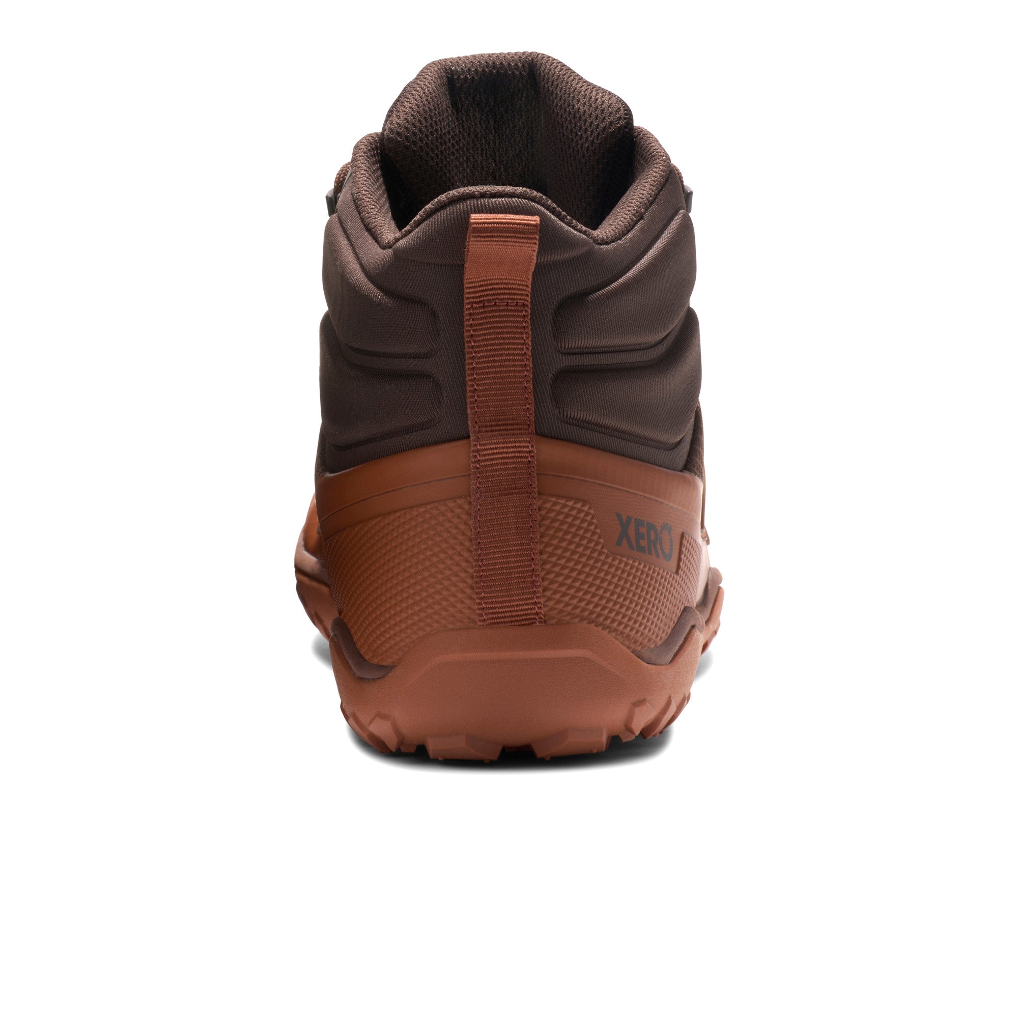 Xero Shoes Scrambler Trail Mid WP Herren Barfußschuhe in Java Brown, wasserdichte Wanderschuhe, Rückansicht im Onlineshop