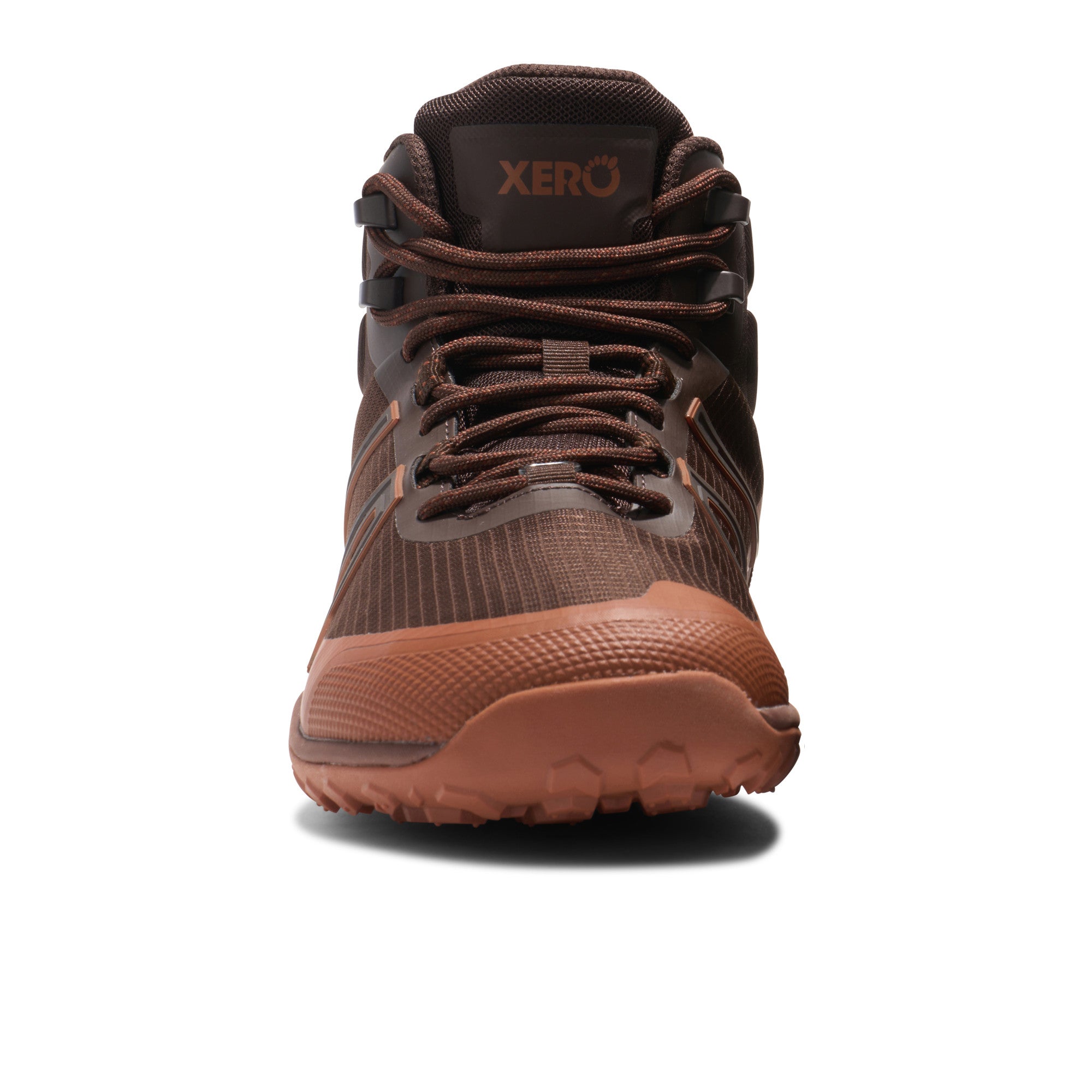 Xero Shoes Scrambler Trail Mid WP Herren Barfußschuhe in Java Brown, wasserdichte Wanderschuhe, Vorderansicht im Onlineshop