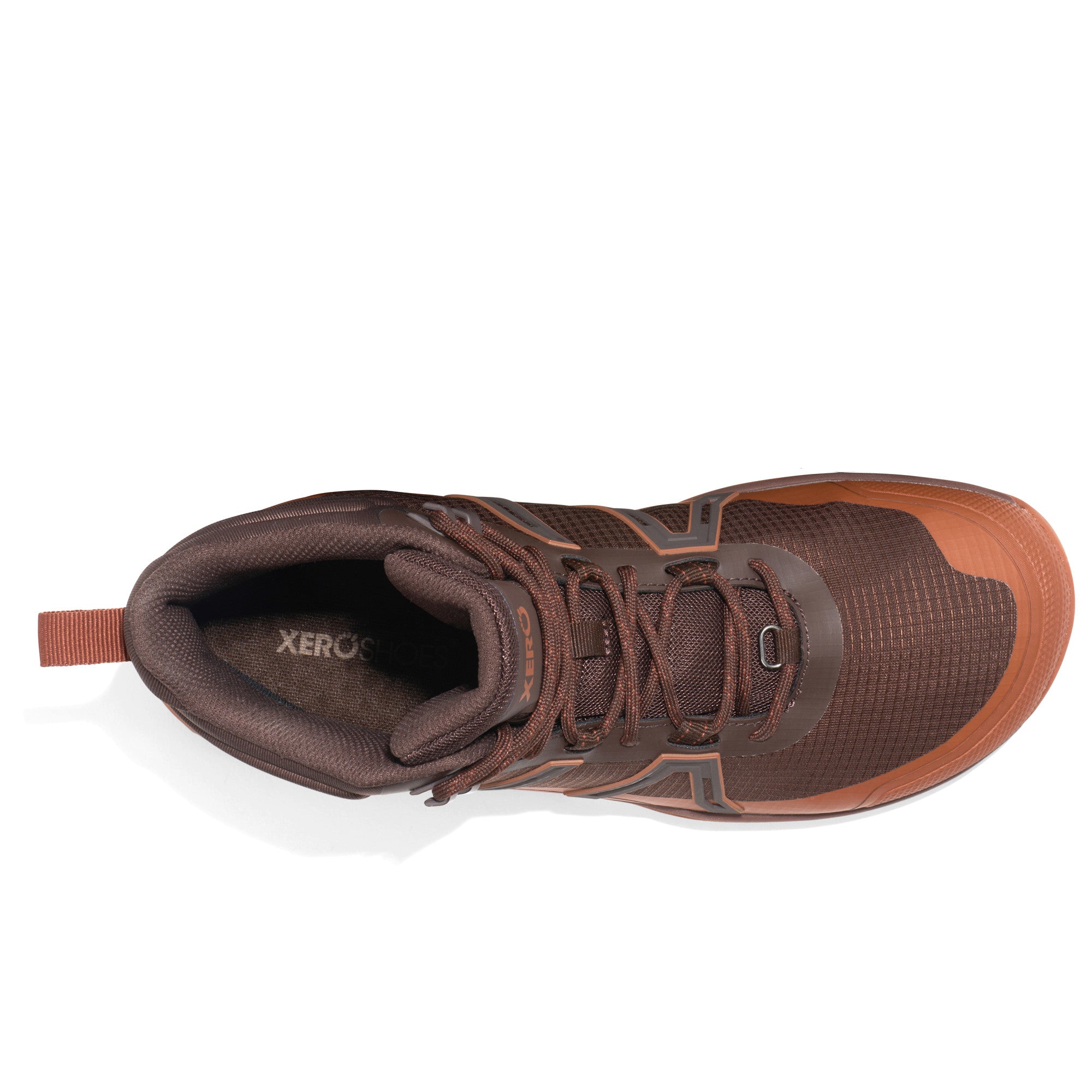 Xero Shoes Scrambler Trail Mid WP Herren Barfußschuhe in Java Brown, wasserdichte Wanderschuhe, Ansicht von oben im Onlineshop