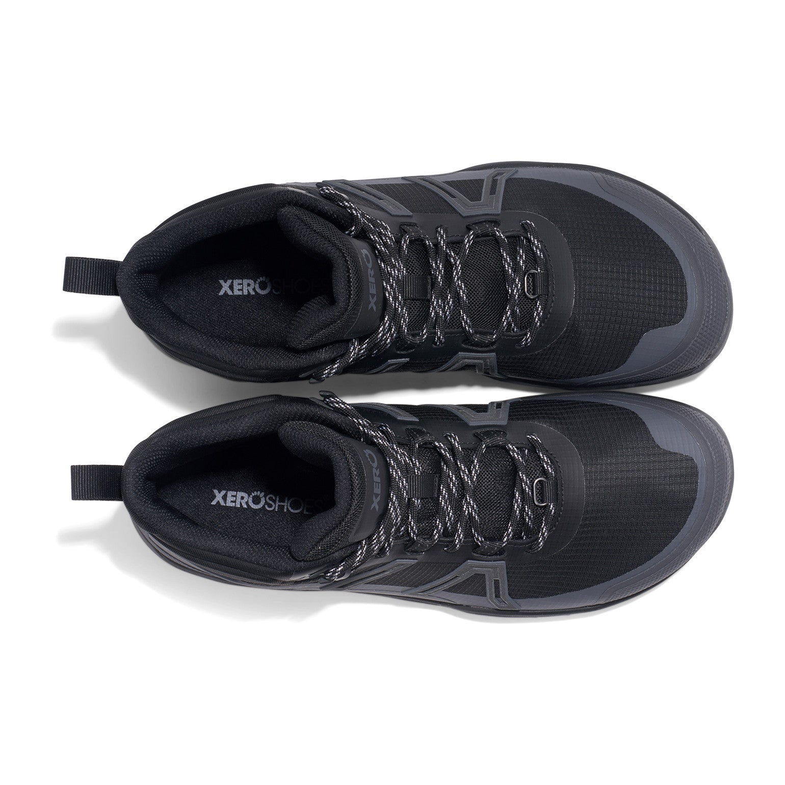 Xero Shoes Scrambler Trail Mid WP Barfußschuhe für Herren, wasserdichte Wanderschuhe, schwarze Top-Ansicht im Onlineshop