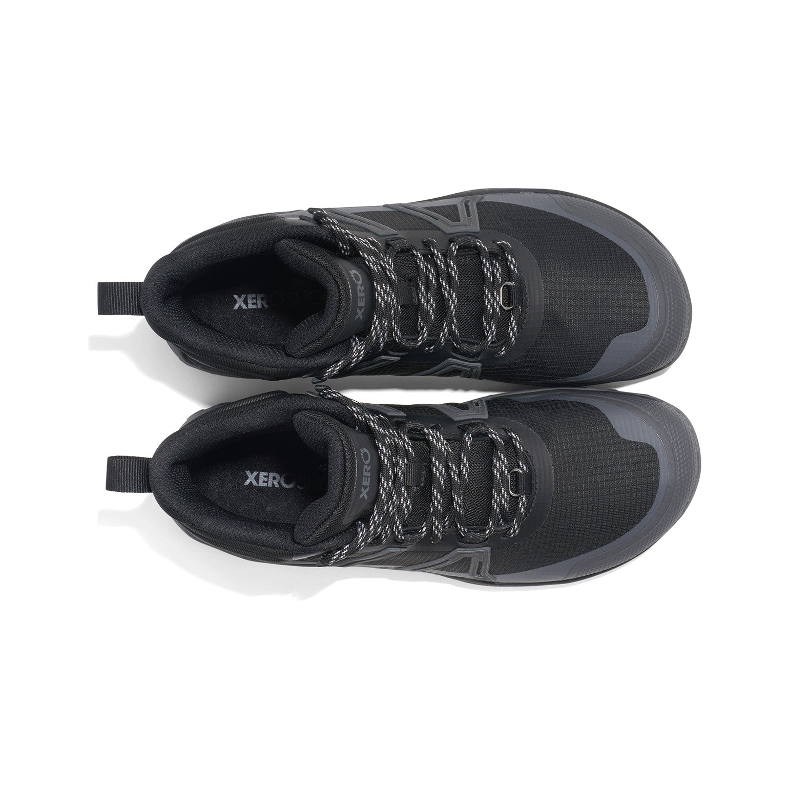 Xero Shoes Scrambler Trail Mid WP Barfußschuhe für Damen, wasserdichte Wanderschuhe, schwarze Top-Ansicht im Onlineshop
