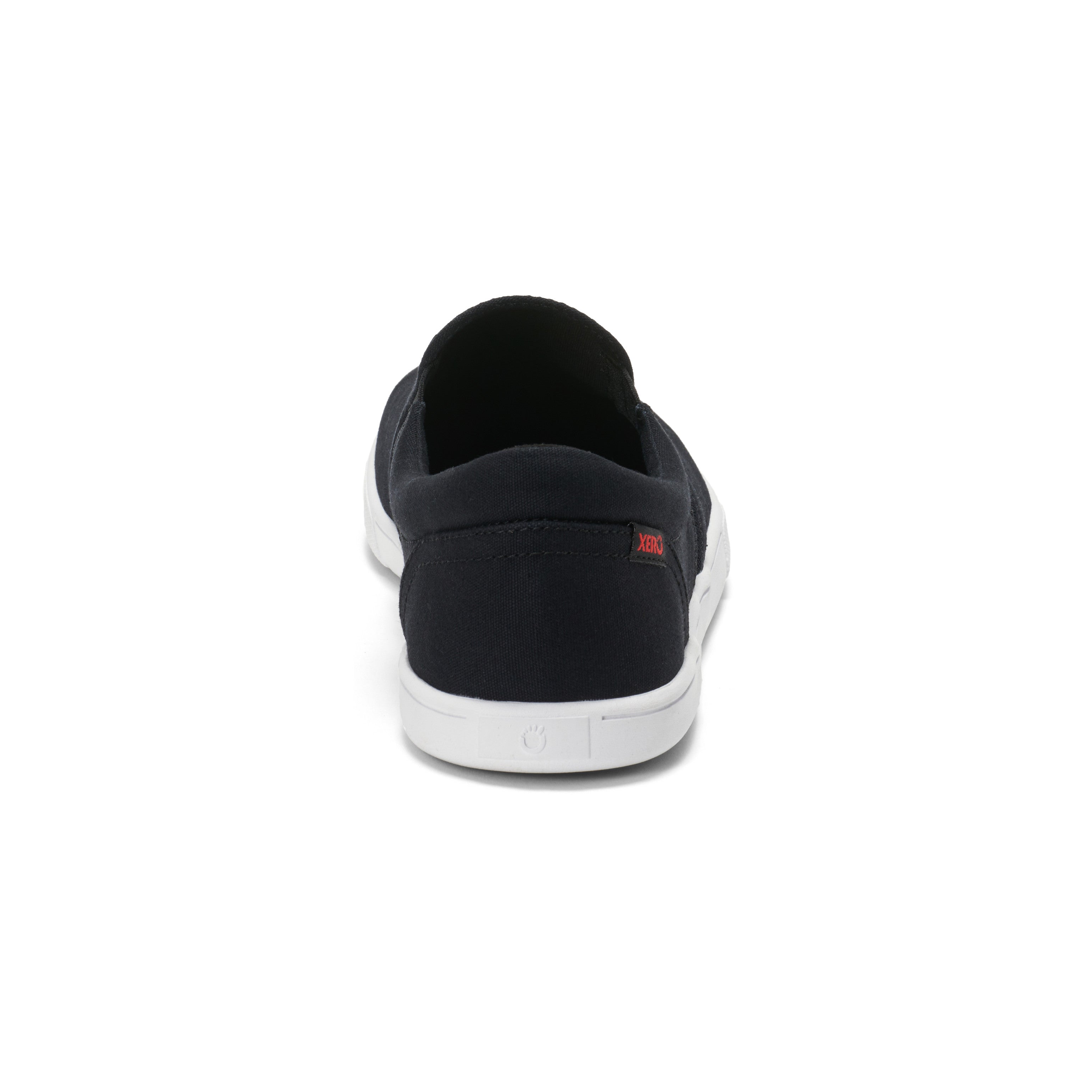 Xero Shoes Dillon Canvas Slip-On Barfußschuhe für Herren in Schwarz aus der Rückansicht, bequem und vielseitig für den Alltag. Erhältlich in unserem Onlineshop für Barfußschuhe.