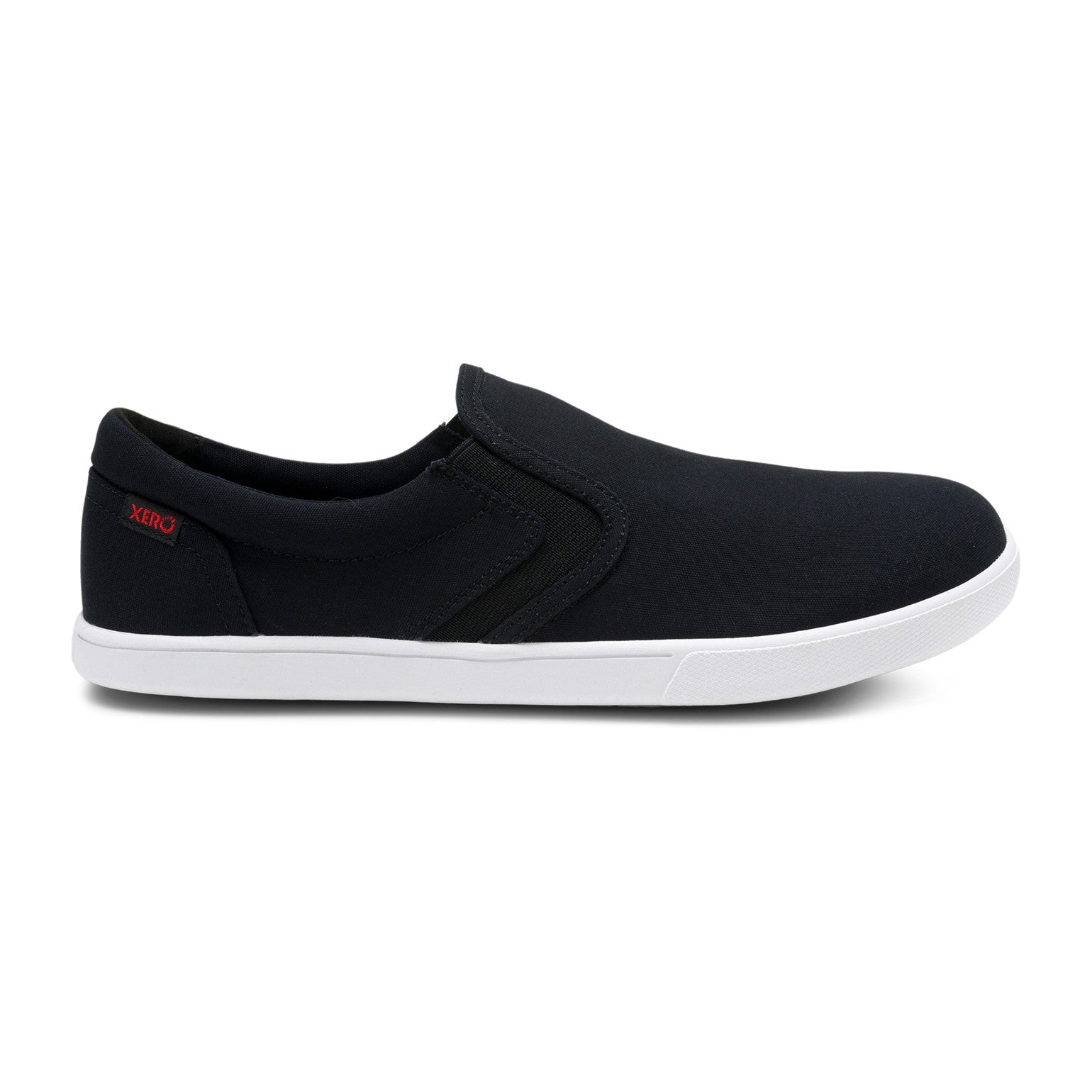 Xero Shoes Dillon Canvas Slip-On Barfußschuhe für Herren in Schwarz aus der rechten Seitenansicht, bequem und perfekt für den Alltag. Erhältlich in unserem Onlineshop für Barfußschuhe.