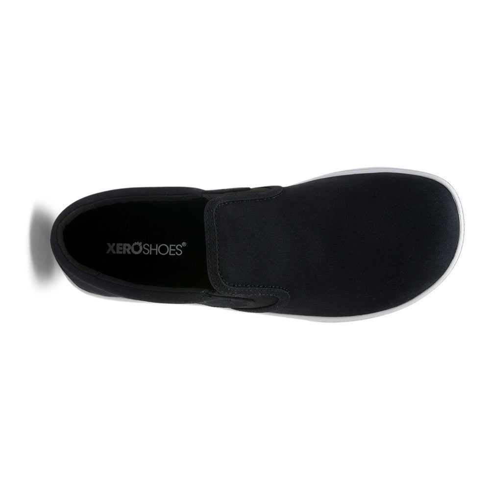 Xero Shoes Dillon Canvas Slip-On Barfußschuhe für Herren in Schwarz aus der Perspektive von oben, bequem und ideal für den Alltag. Erhältlich in unserem Onlineshop für Barfußschuhe.