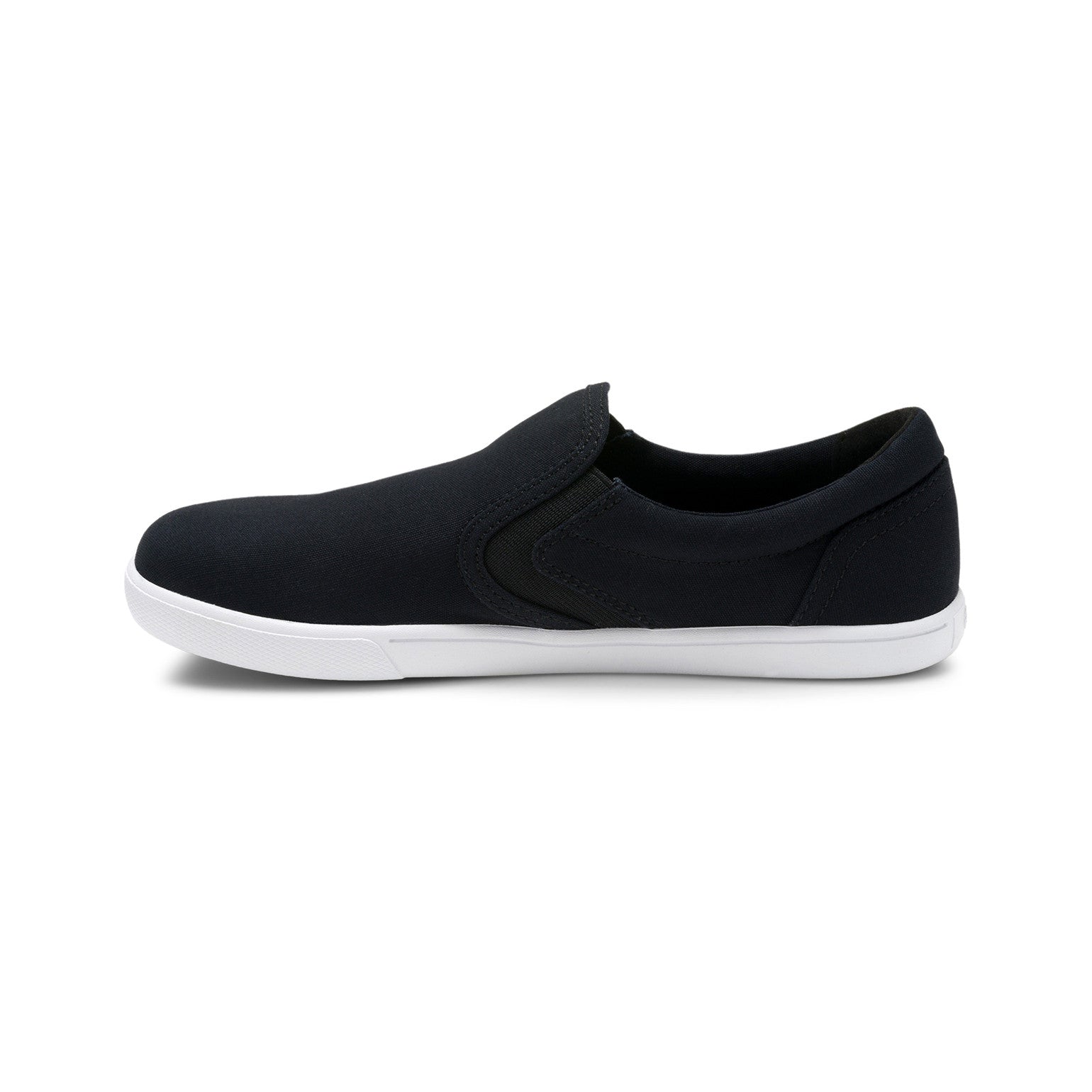 Xero Shoes Dillon Canvas Slip-On Barfußschuhe für Damen in Schwarz aus der linken Seitenansicht, komfortabel und vielseitig für den Alltag. Erhältlich in unserem Onlineshop für Barfußschuhe.