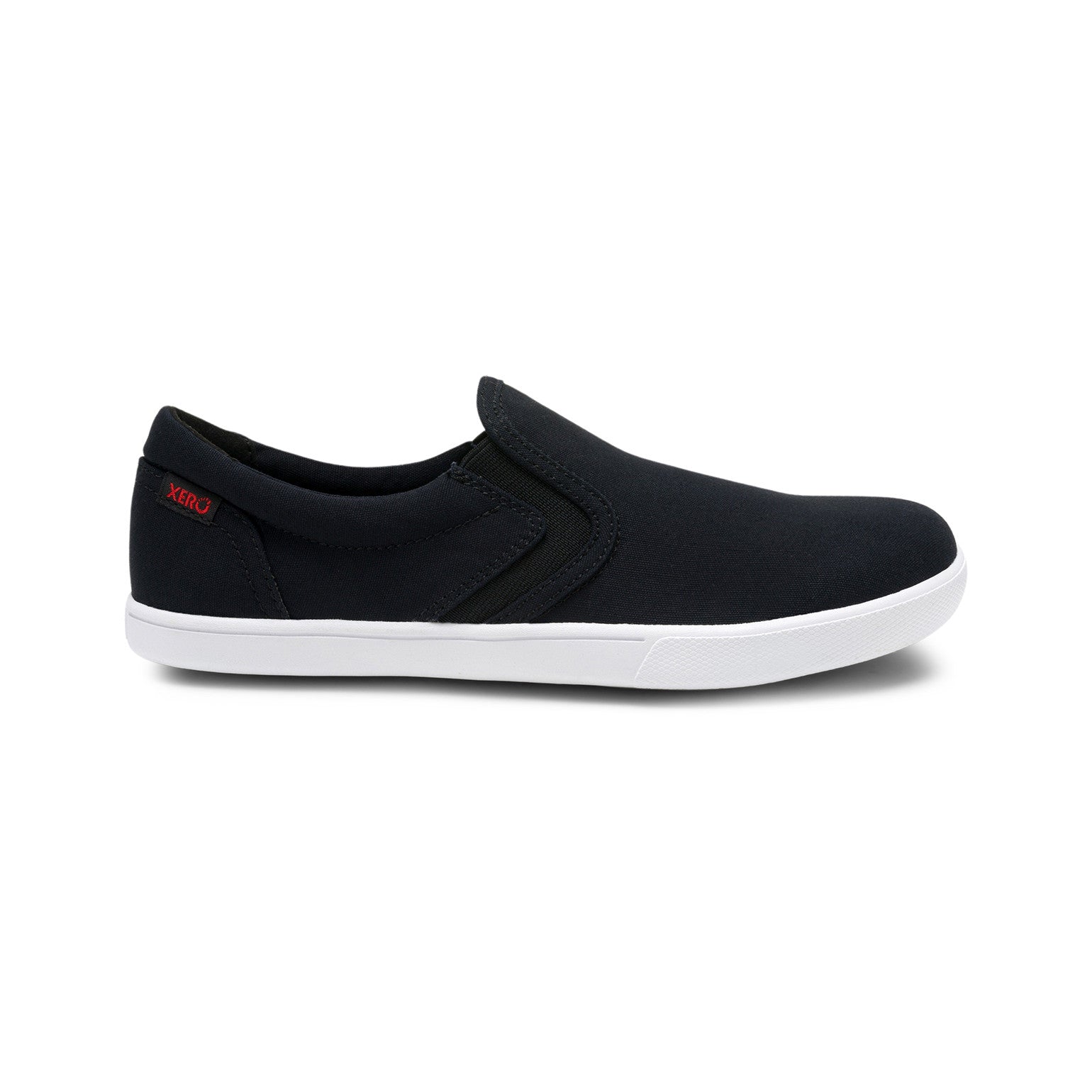 Xero Shoes Dillon Canvas Slip-On Barfußschuhe für Damen in Schwarz aus der rechten Seitenansicht, bequem und ideal für den Alltag. Erhältlich in unserem Onlineshop für Barfußschuhe.