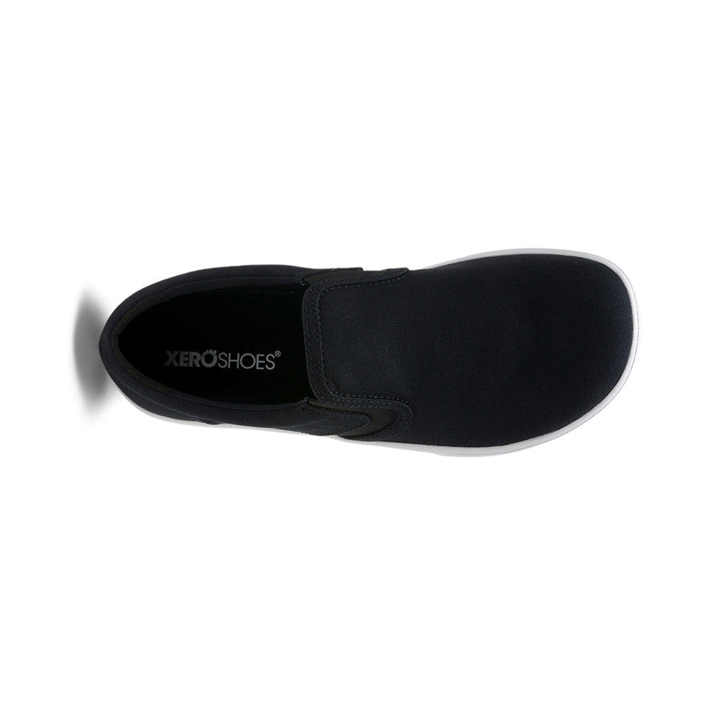 Xero Shoes Dillon Canvas Slip-On Barfußschuhe für Damen in Schwarz aus der Ansicht von oben, ideal für den Alltag und bequem für jede Gelegenheit. Erhältlich in unserem Onlineshop für Barfußschuhe.