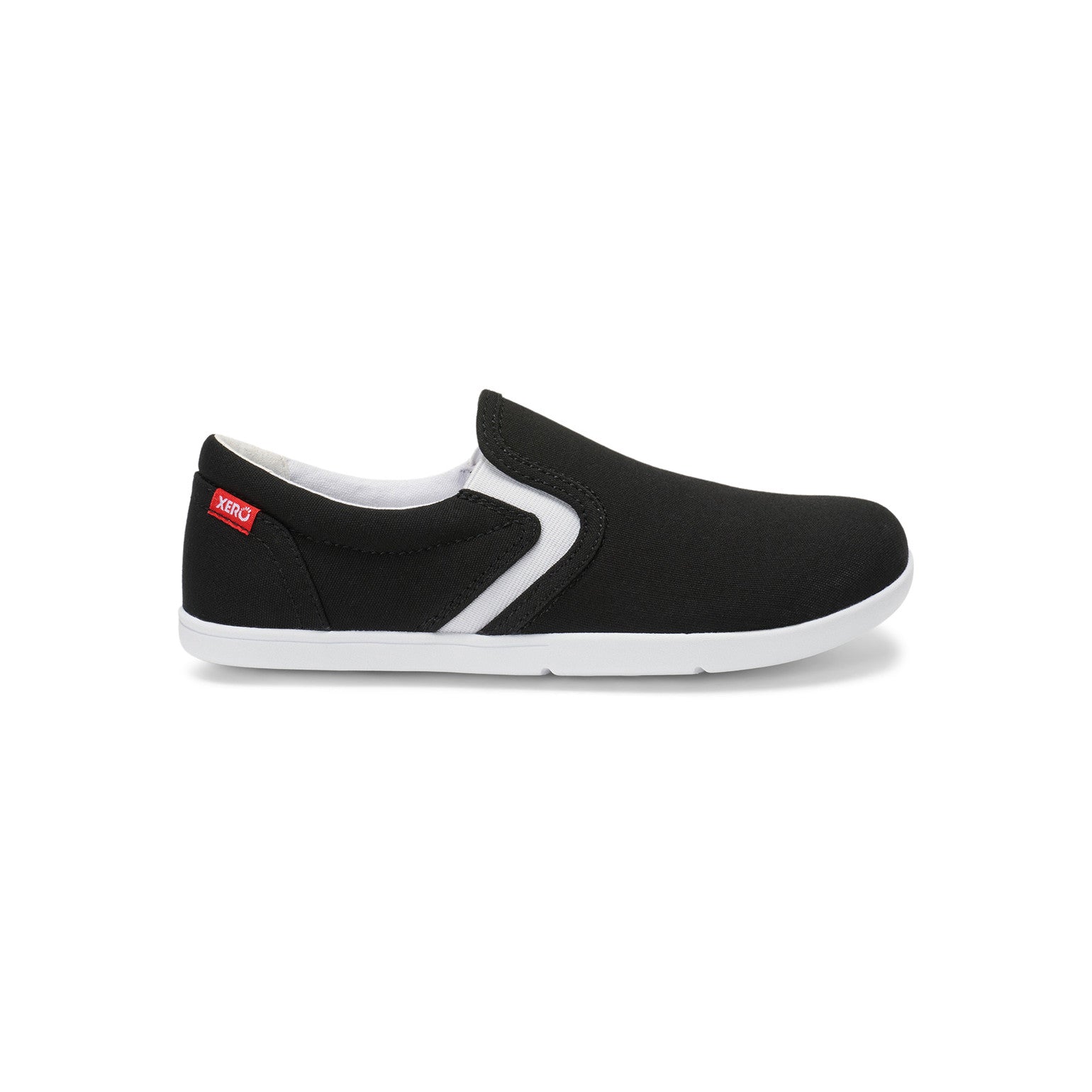 Rechte Seitenansicht der Xero Shoes Dillon Canvas Slip-On Kinder Barfußschuhe in Schwarz als Sneaker im Onlineshop für Barfußschuhe