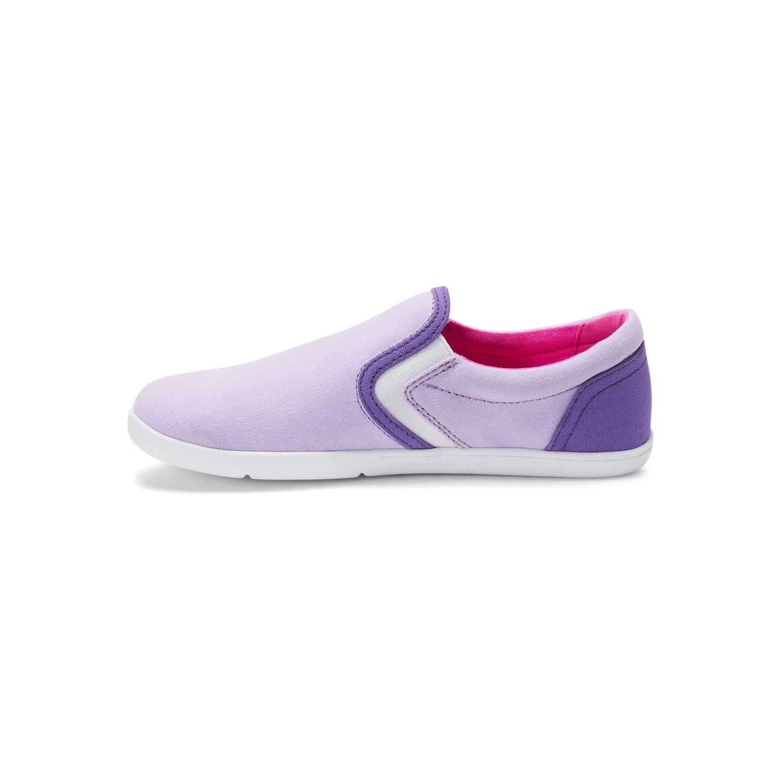 Linke Seitenansicht der Xero Shoes Dillon Canvas Slip-On Kinder Barfußschuhe in Orchid Petal als Sneaker im Onlineshop für Barfußschuhe