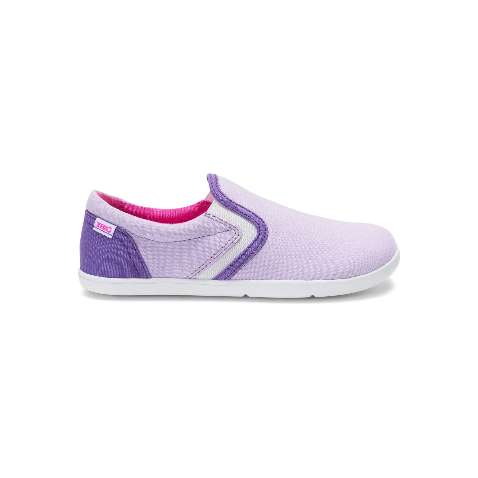 Rechte Seitenansicht der Xero Shoes Dillon Canvas Slip-On Kinder Barfußschuhe in Orchid Petal als Sneaker im Onlineshop für Barfußschuhe