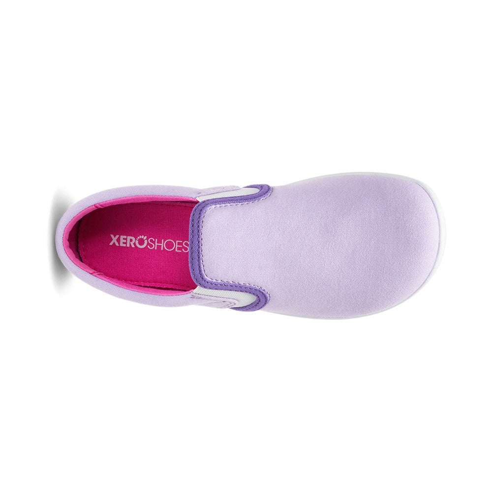 Obere Ansicht der Xero Shoes Dillon Canvas Slip-On Kinder Barfußschuhe in Orchid Petal als Sneaker im Onlineshop für Barfußschuhe