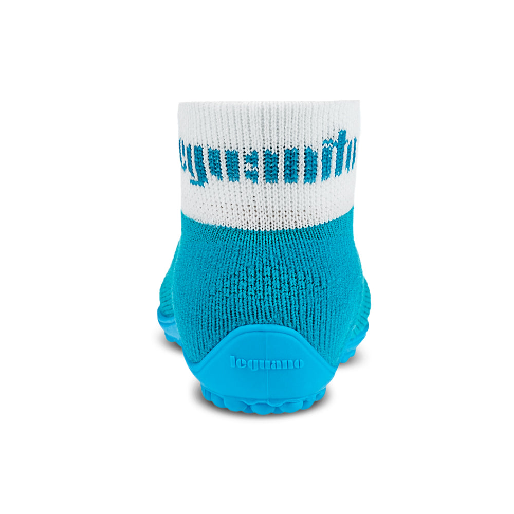 Leguanito Barfußschuhe für Kinder von Leguano in Türkis – Sockenschuhe, Rückansicht, erhältlich im Barfusswelten.de Barfußschuhe Onlineshop