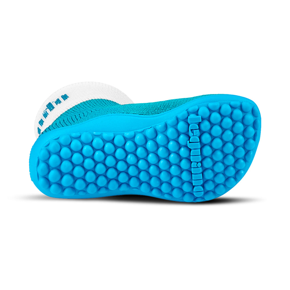Leguanito Barfußschuhe für Kinder von Leguano in Türkis – Sockenschuhe, Unteransicht, erhältlich im Barfusswelten.de Barfußschuhe Onlineshop