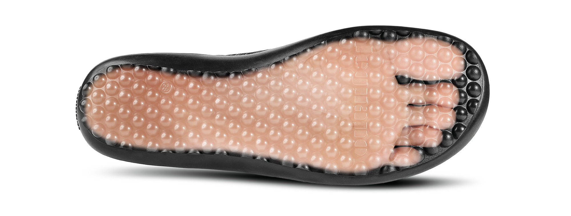 Leguano Barfußschuh-Sohle in transparenter Ansicht mit Fußabdruck von unten, illustriert. Dein Onlineshop für Barfußschuhe
