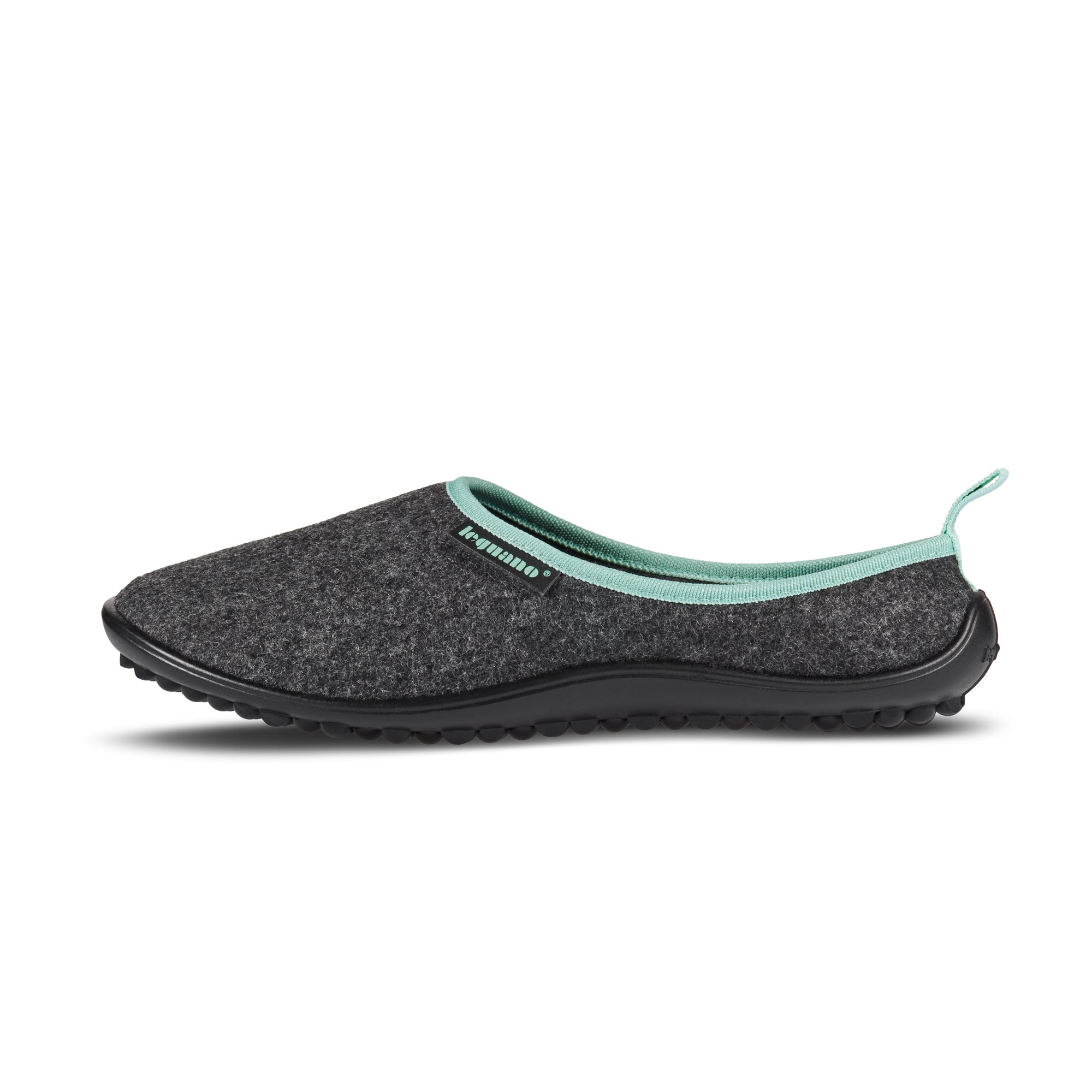 Leguano Acasa mintfarbene Barfußschuhe aus Wolle, Hausschuhe und Hütten Schuhe, linke Seitenansicht im Onlineshop für Barfußschuhe.