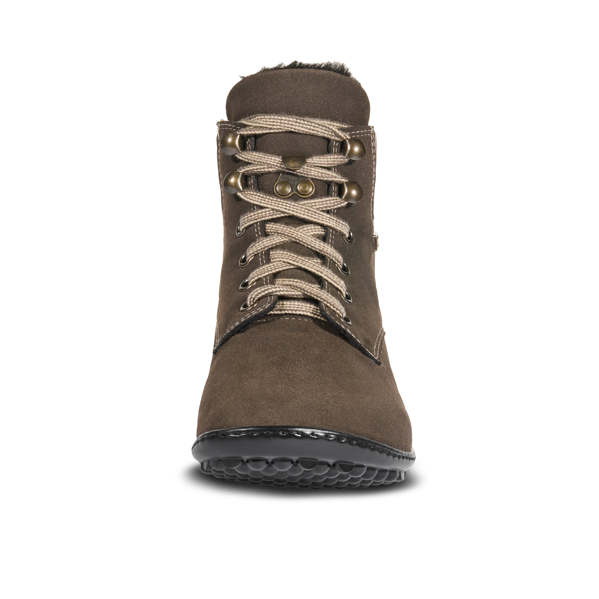 Leguano Icebare Brown Warme Barfußschuhe – Vorderansicht. Diese Winterstiefel bieten eine wärmende und wasserabweisende Konstruktion, ideal für kalte Tage. Das ergonomische Design fördert natürliche Bewegungsfreiheit. Jetzt im Onlineshop für Barfußschuhe erhältlich.