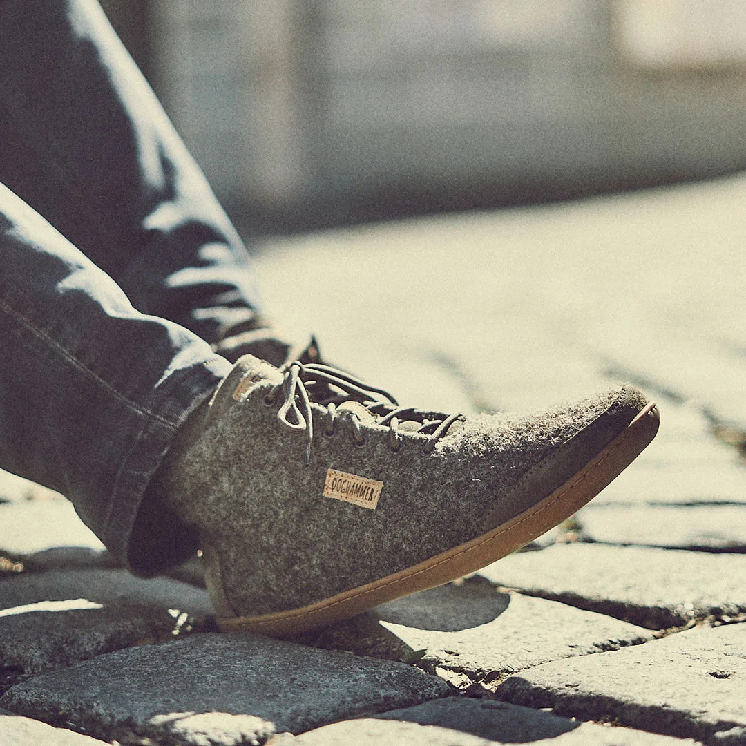 Doghammer Terrar Wool High Barfußschuhe in Grau, warme Wollschuhe für Winter, ideal für kalte Tage, im Onlineshop am Fuß präsentiert