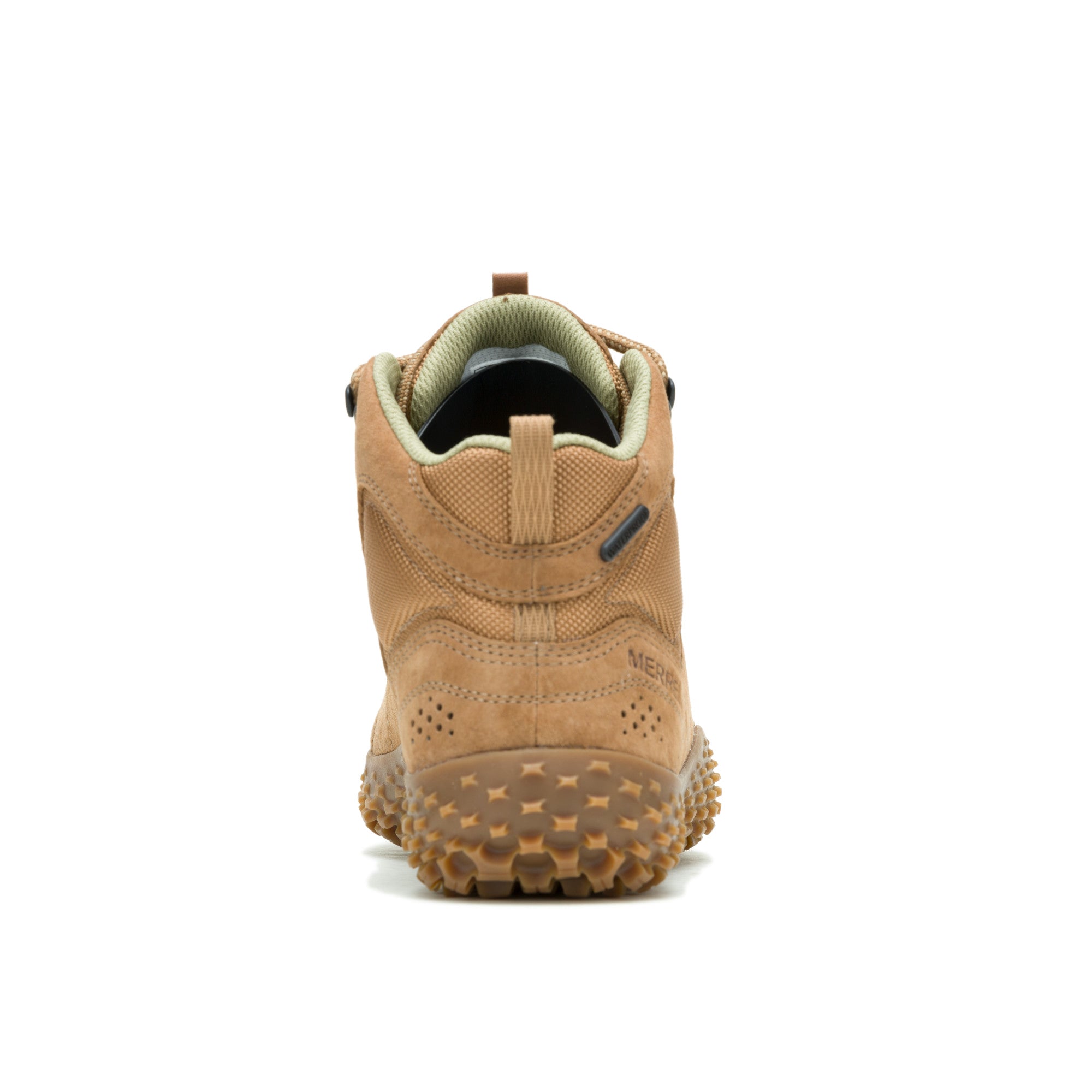 Merrell Hiker Wrapt Mid WP Tobacco als wasserdichte Barfußschuhe, Rückansicht im Onlineshop für Barfußschuhe