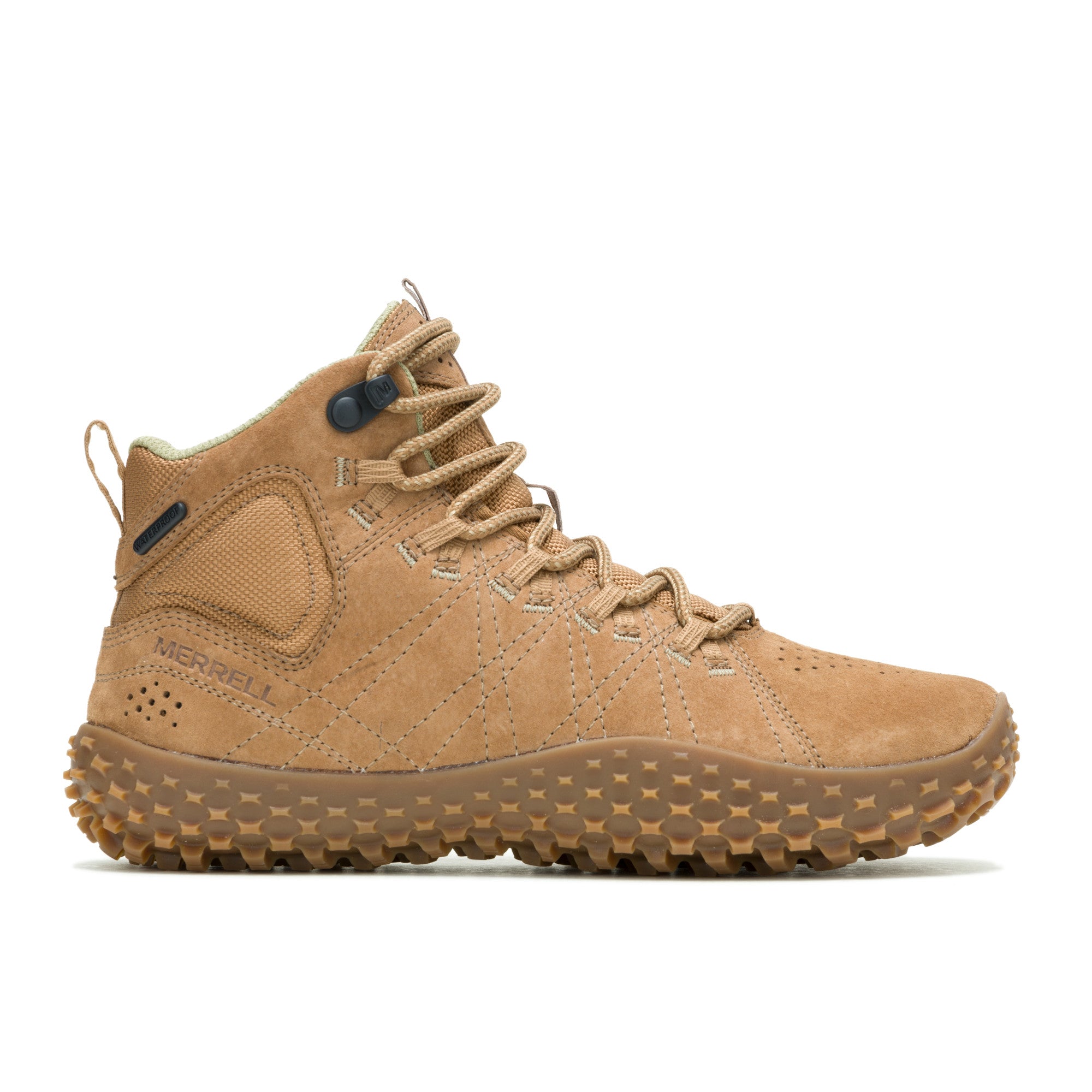 Merrell Hiker Wrapt Mid WP Tobacco als wasserdichte Barfußschuhe, rechte Seitenansicht im Onlineshop für Barfußschuhe
