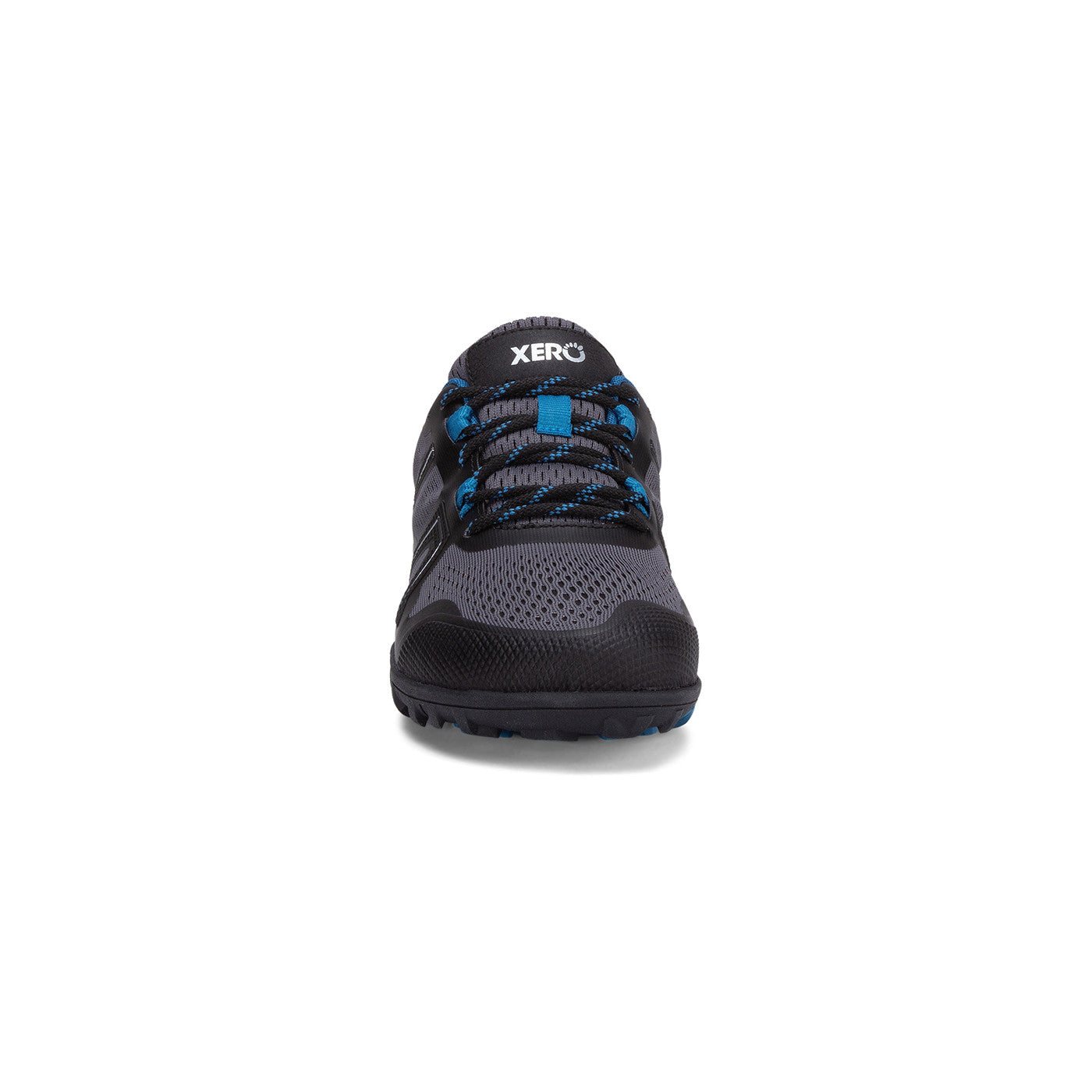 Frontansicht der Xero Shoes Mesa Trail II Damen Barfußschuhe in dark gray sapphire als robuste Wanderschuhe im Onlineshop für Barfußschuhe