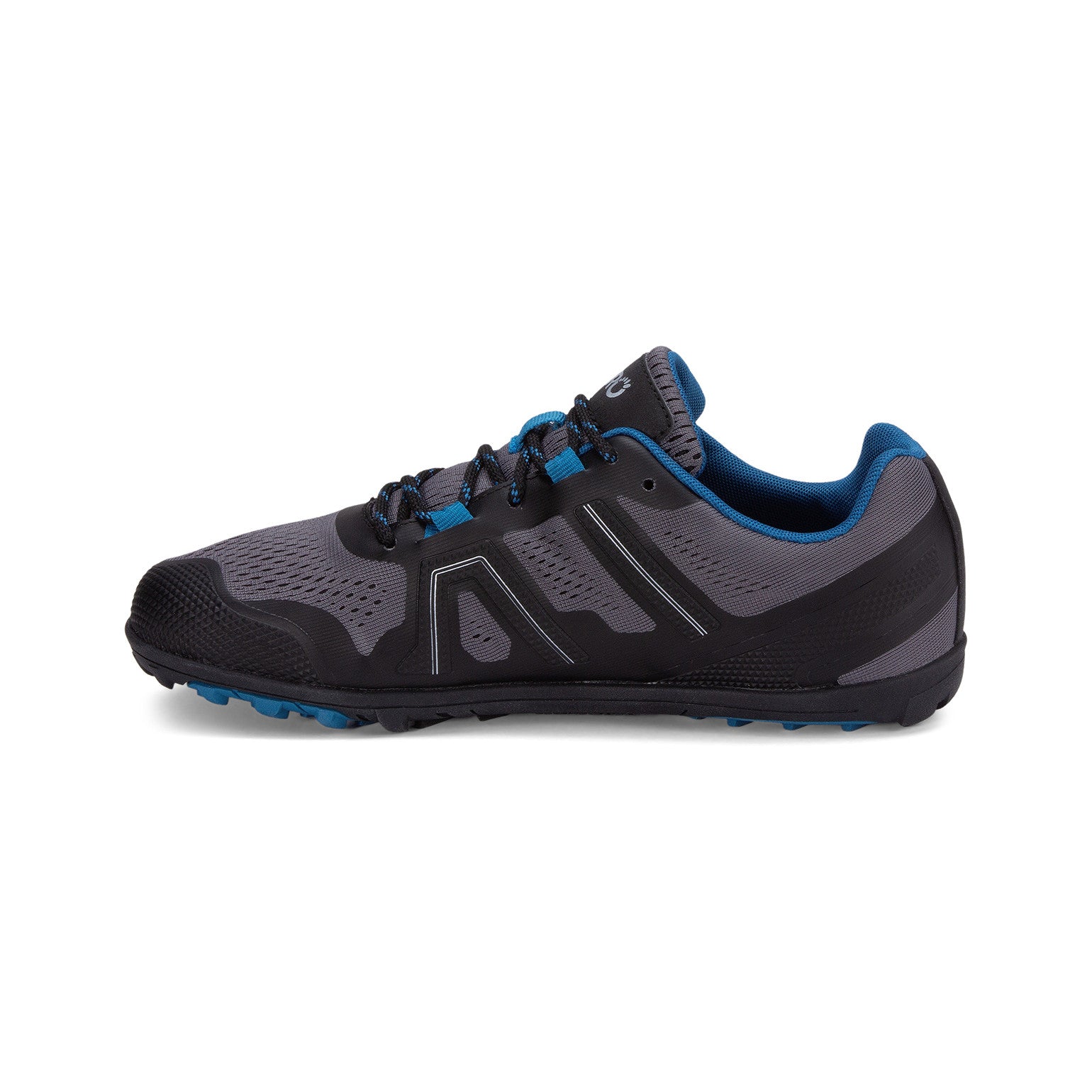 Linke Seitenansicht der Xero Shoes Mesa Trail II Damen Barfußschuhe in dark gray sapphire als atmungsaktive Wanderschuhe im Onlineshop für Barfußschuhe