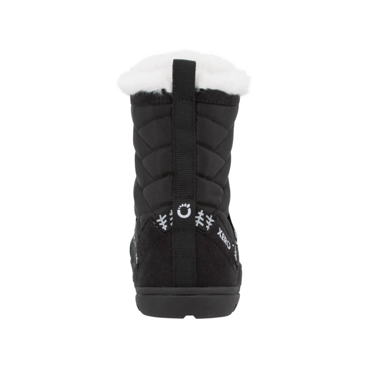 Xero Shoes Alpine Women Black White Trees Barfußschuhe Schneestiefel, Ansicht von hinten. Leichte, flexible Winterstiefel mit stilvollem Baum-Muster, die natürlichen Komfort und Wärme bieten. Erhältlich in unserem Onlineshop für Barfußschuhe.