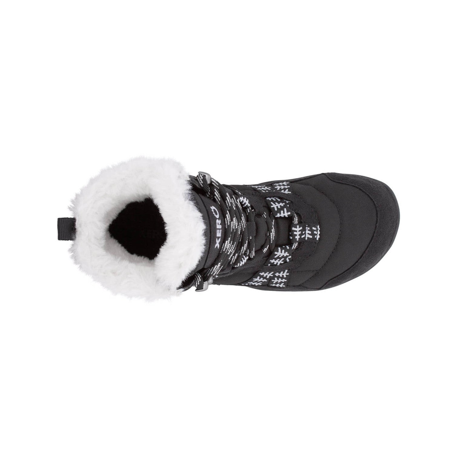 Xero Shoes Alpine Women Black White Trees Barfußschuhe Schneestiefel, Ansicht von oben. Leichte, flexible Winterstiefel mit einem einzigartigen Baum-Muster, die natürlichen Komfort und Wärme bieten. Erhältlich in unserem Onlineshop für Barfußschuhe.
