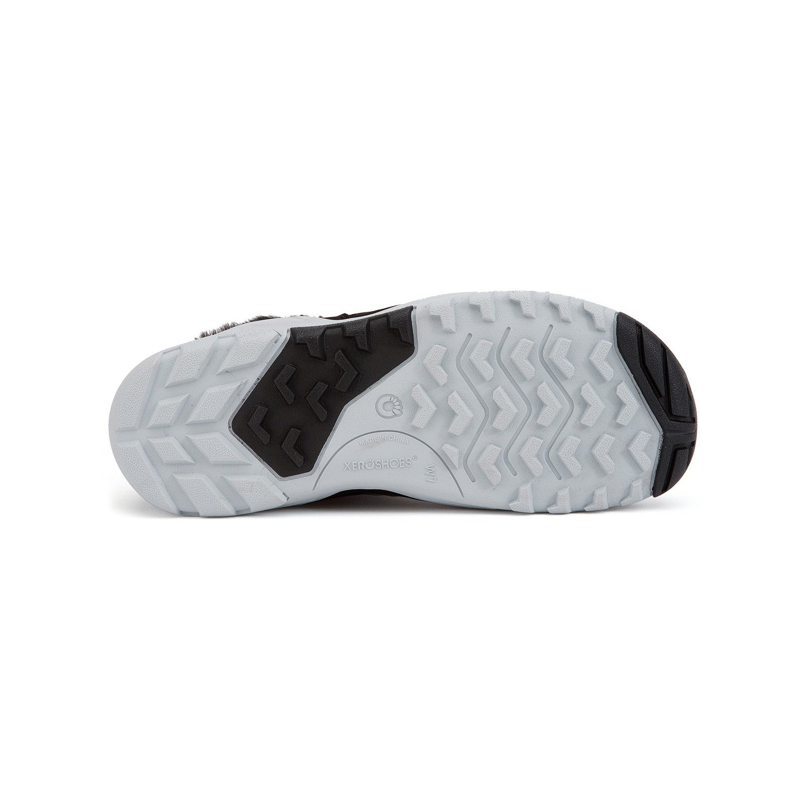 Xero Shoes Alpine Women Navy Black Barfußschuhe Schneestiefel, Ansicht von unten. Leichte, flexible Winterstiefel in Navy-Black, die natürlichen Komfort und Wärme bieten. Erhältlich in unserem Onlineshop für Barfußschuhe.