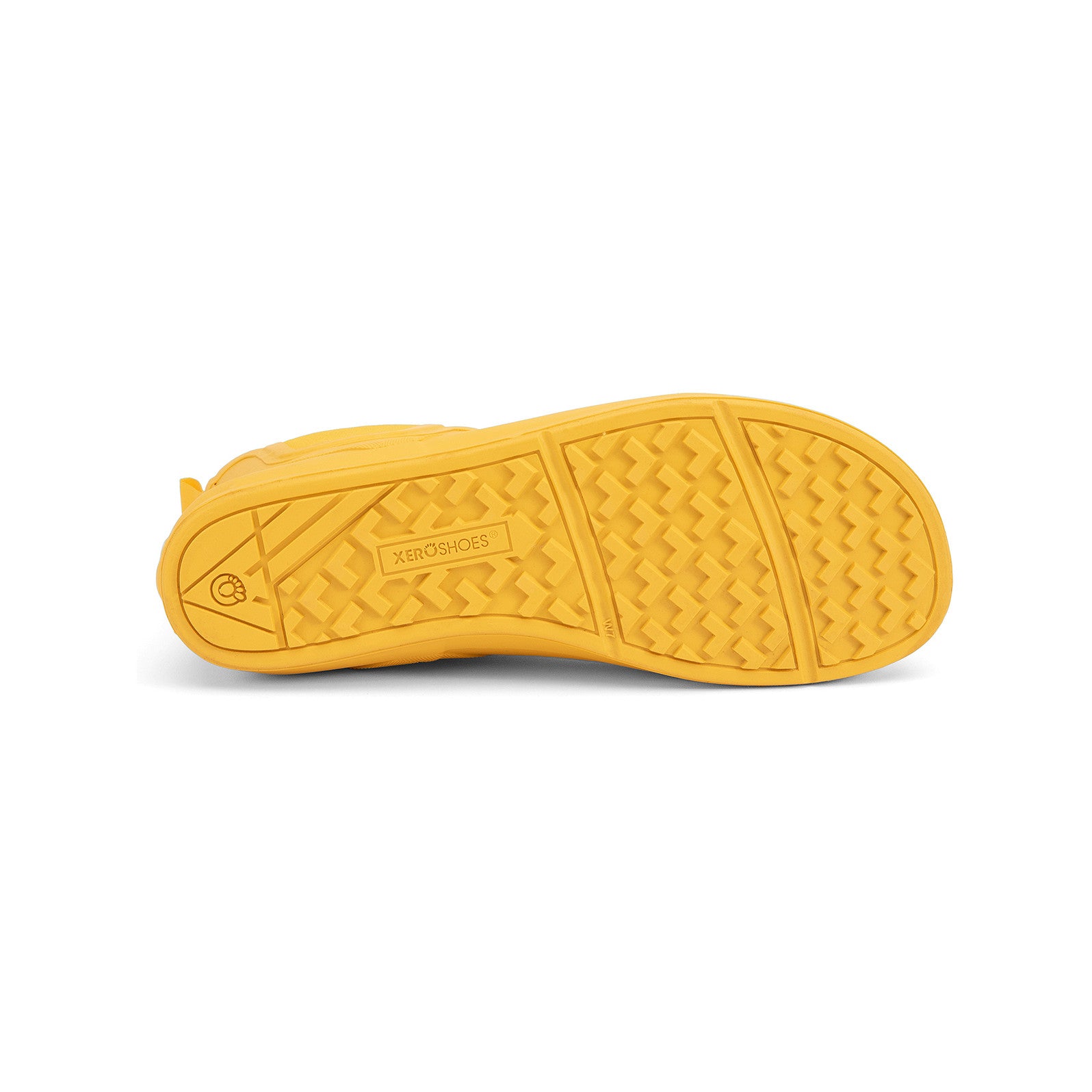 Xero Shoes Gracie Gelb Damen Barfußschuhe minimalistische Regenstiefel, Ansicht von unten. Diese flexiblen Barfußschuhe bieten optimalen Halt und Schutz bei nassem Wetter, während sie das natürliche Laufgefühl bewahren. Der gelbe Farbton sorgt für einen frischen und lebendigen Look. Erhältlich in unserem Onlineshop für Barfußschuhe.