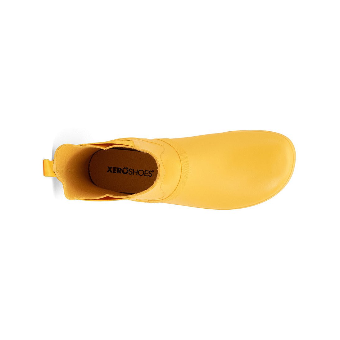 Xero Shoes Gracie Gelb Damen Barfußschuhe minimalistische Regenstiefel, Ansicht von oben. Diese flexiblen Regenstiefel bieten das natürliche Barfußgefühl und schützen Ihre Füße vor Nässe. Der lebendige Gelbton sorgt für einen frischen, auffälligen Look, perfekt für regnerische Tage. Erhältlich in unserem Onlineshop für Barfußschuhe.