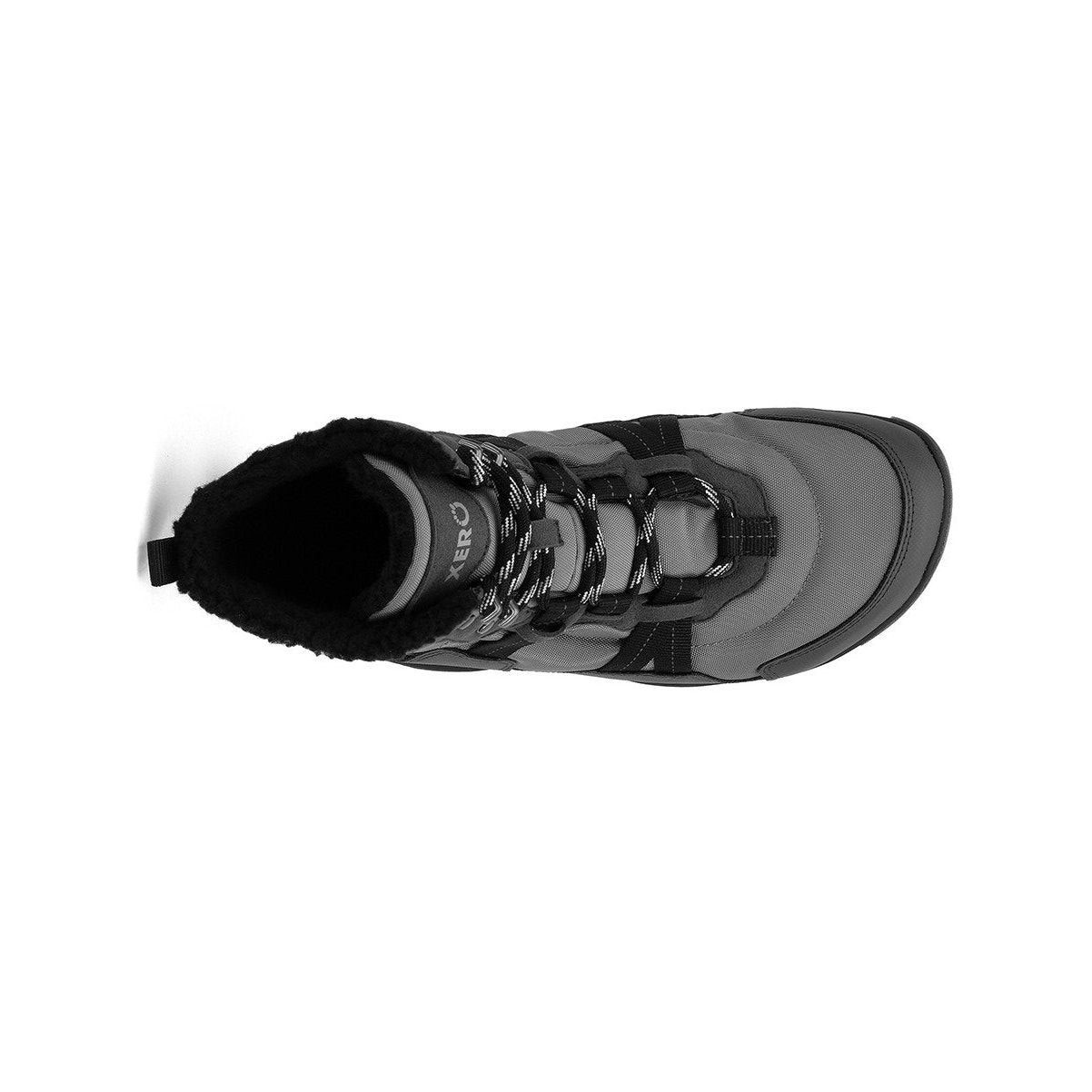 Xero Shoes Alpine Men Asphalt Black Barfußschuhe Schneestiefel für den Winter, Ansicht von oben. Leichte, flexible Winterstiefel in Asphalt Black, die natürlichen Komfort und Wärme bieten. Erhältlich in unserem Onlineshop für Barfußschuhe.